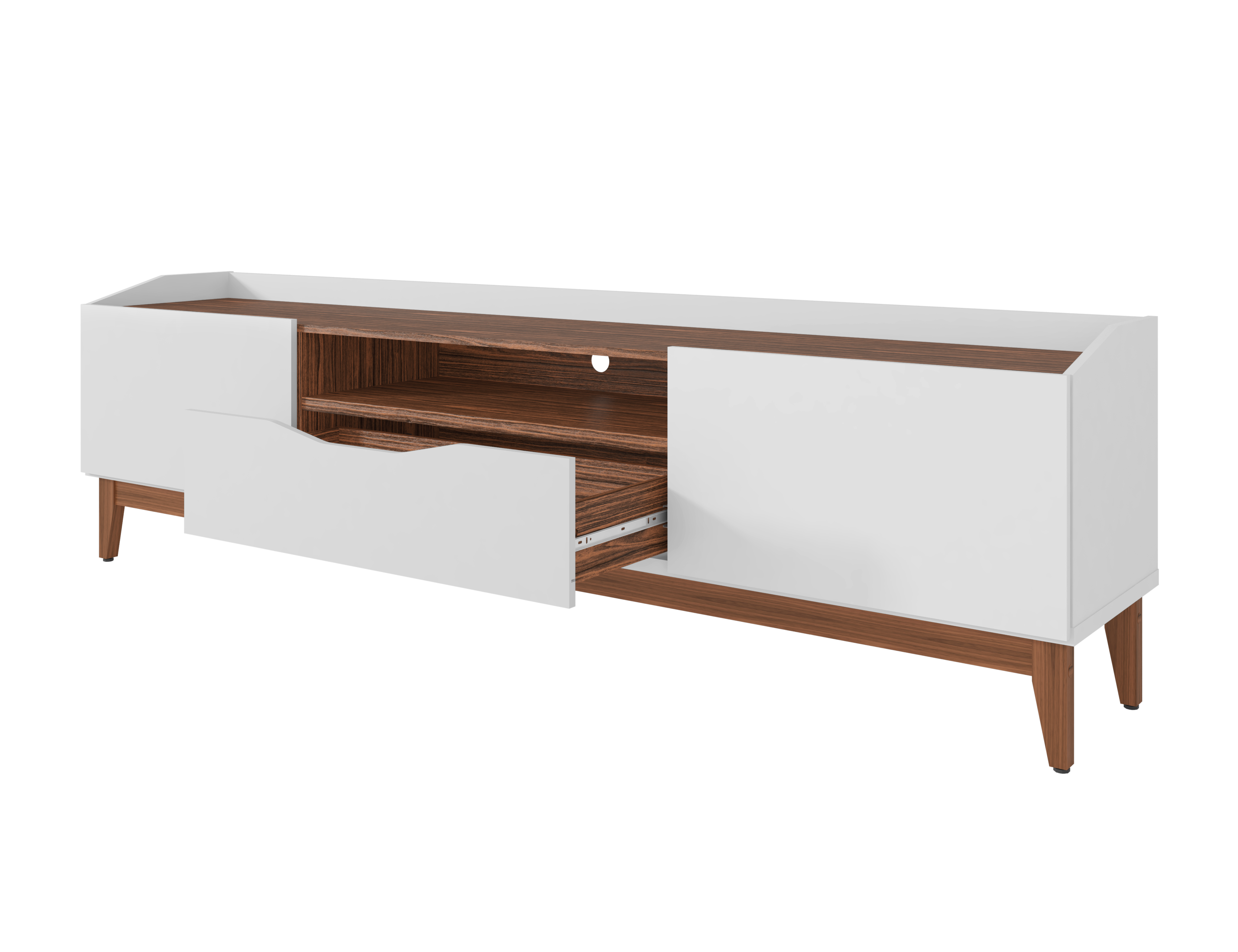 Mueble de TV Color Blanco y Nogal con 1 Cajón y 2 Puertas para Almacenamiento con Patas de Madera de Pino