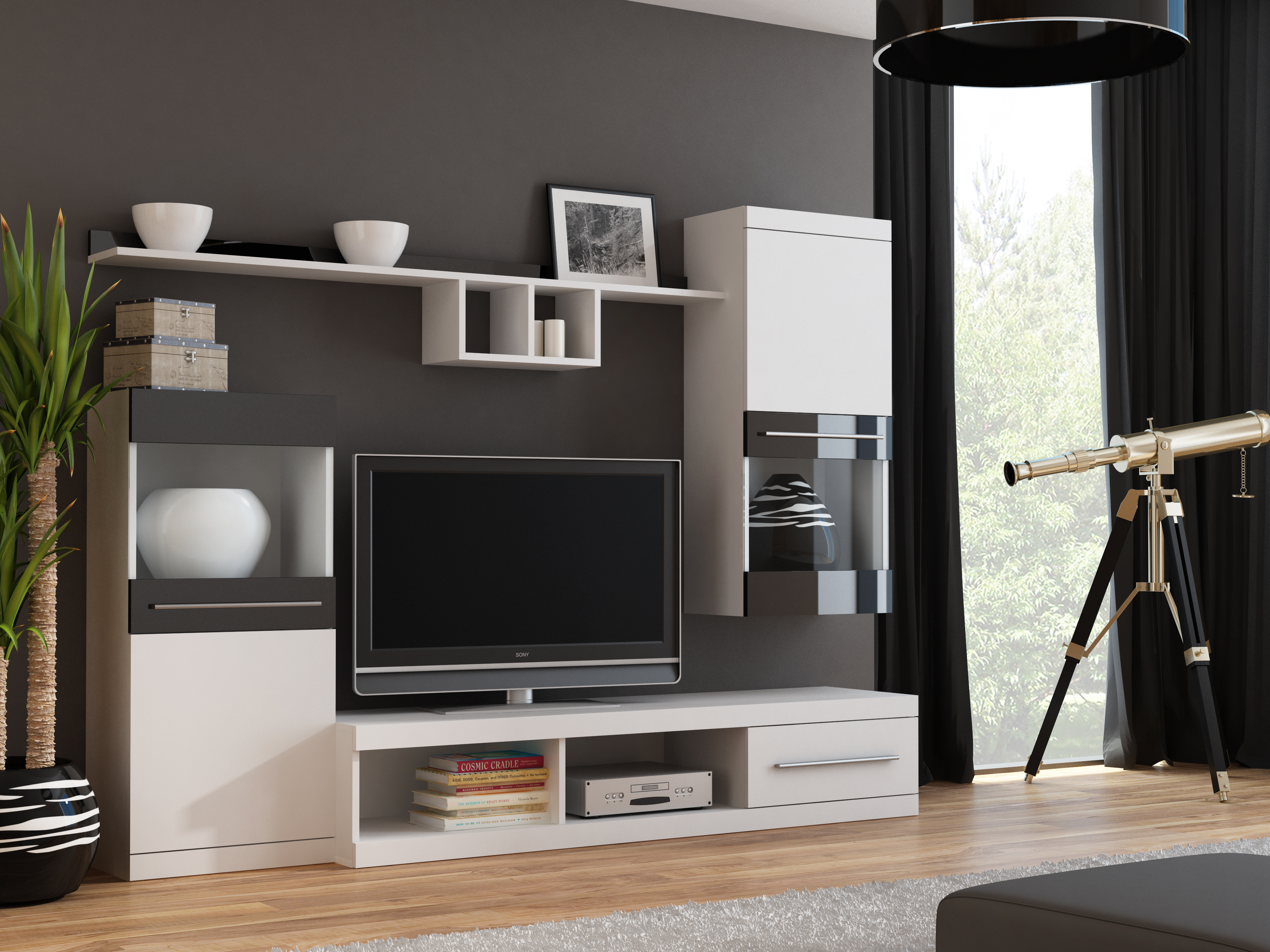 Mueble de TV Color Blanco y Negro de 2 Partes para TV de Hasta 75 Pulgadas con Estructura de Madera Industrial