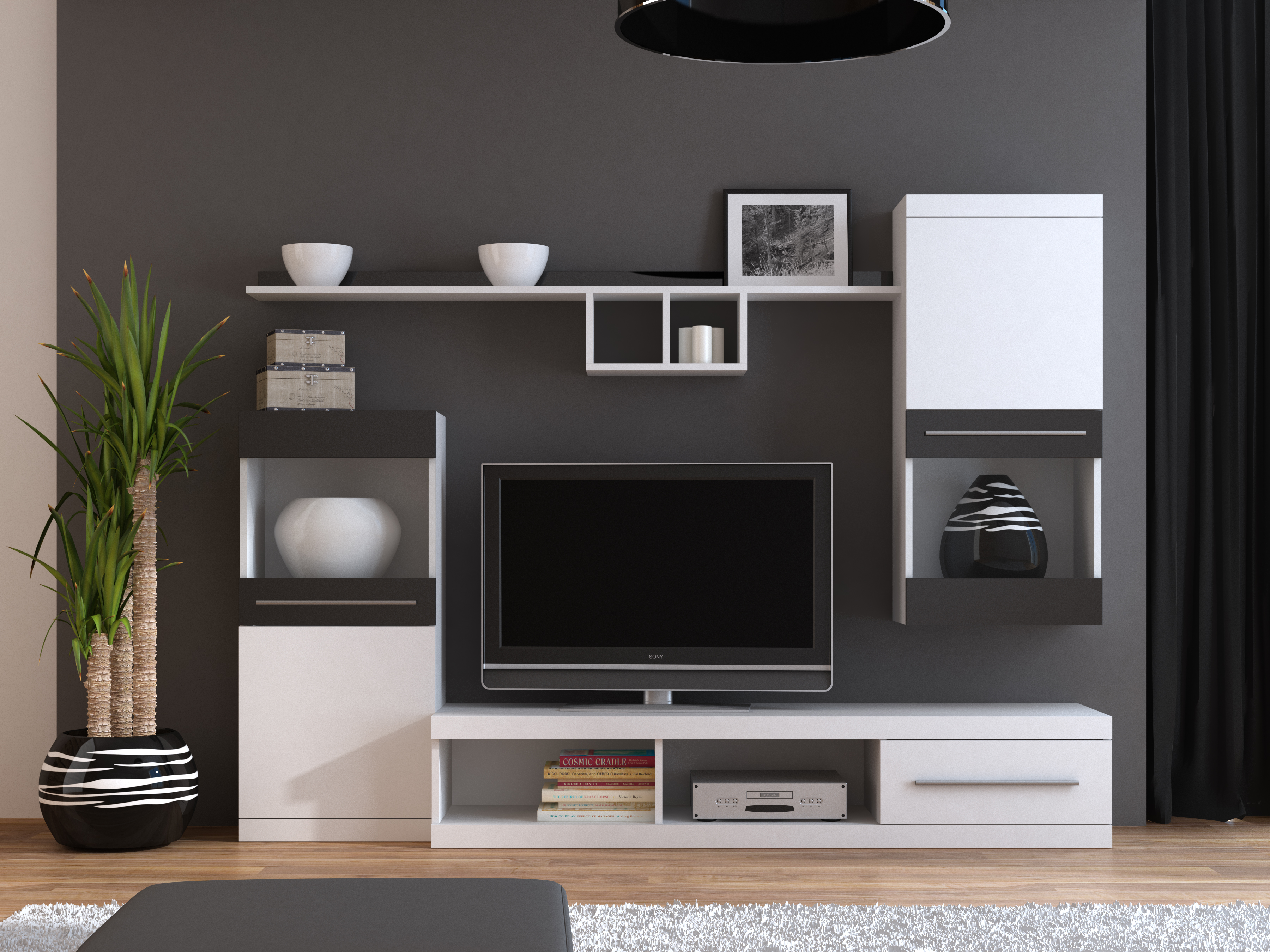 Mueble de TV Color Blanco y Negro de 2 Partes para TV de Hasta 75 Pulgadas con Estructura de Madera Industrial
