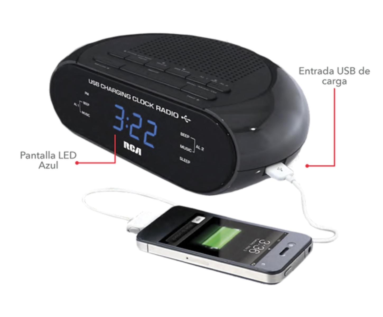 Radio Reloj Despertador RCA RC207 USB Display ALBY2