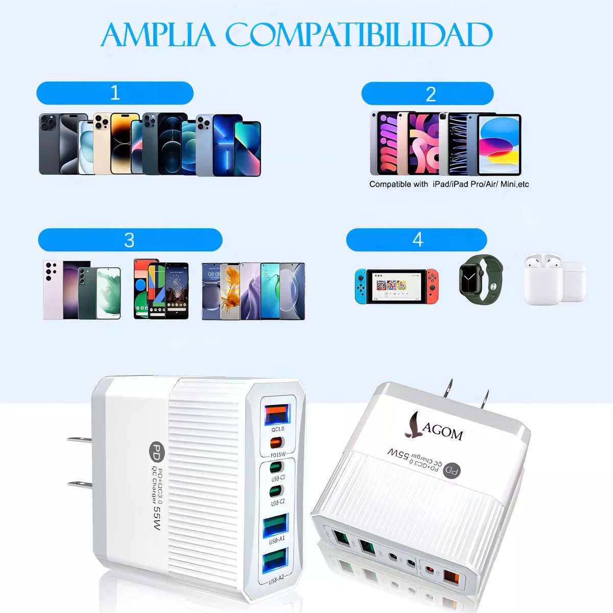 Cargador Usb Adaptador De 55w 6 Puertos Lagom Cubo 3 Usb + 3 Tipo-c 