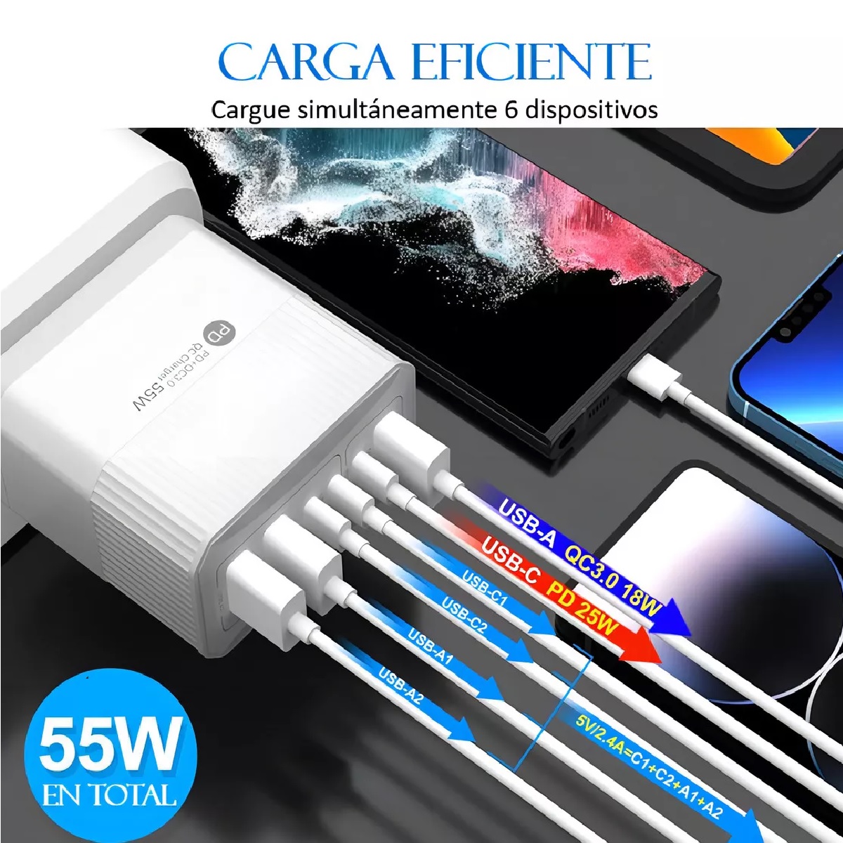 Cargador Usb Adaptador De 55w 6 Puertos Lagom Cubo 3 Usb + 3 Tipo-c 