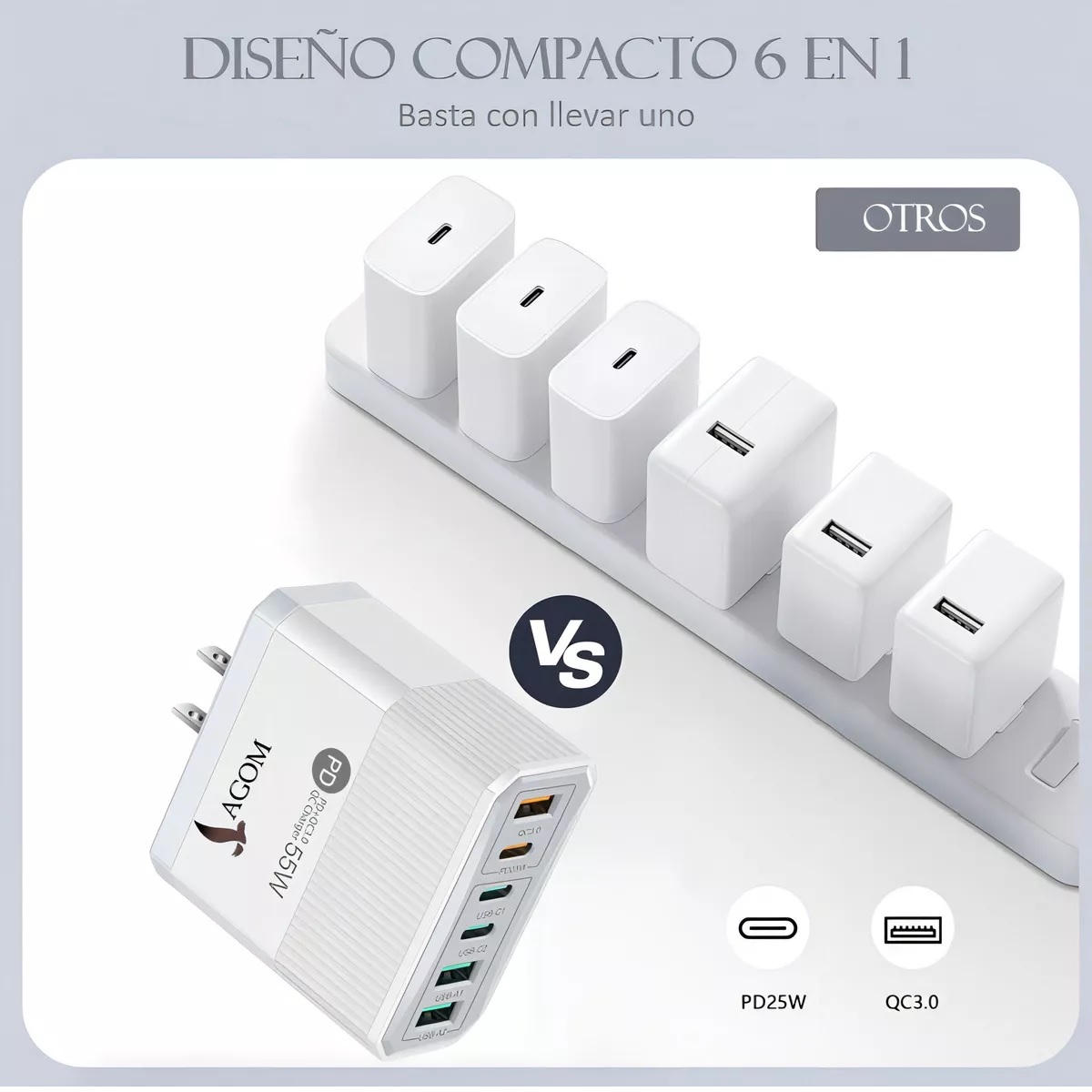 Cargador Usb Adaptador De 55w 6 Puertos Lagom Cubo 3 Usb + 3 Tipo-c 