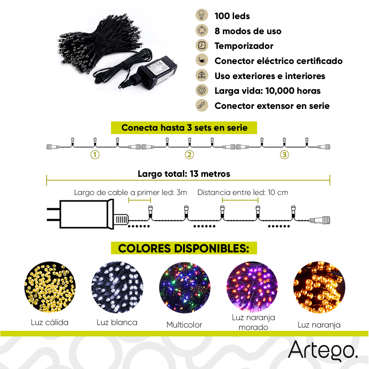 Luces serie 100 led interior exterior Decoración Halloween eventos bodas LED string lights con temporizador Artego.