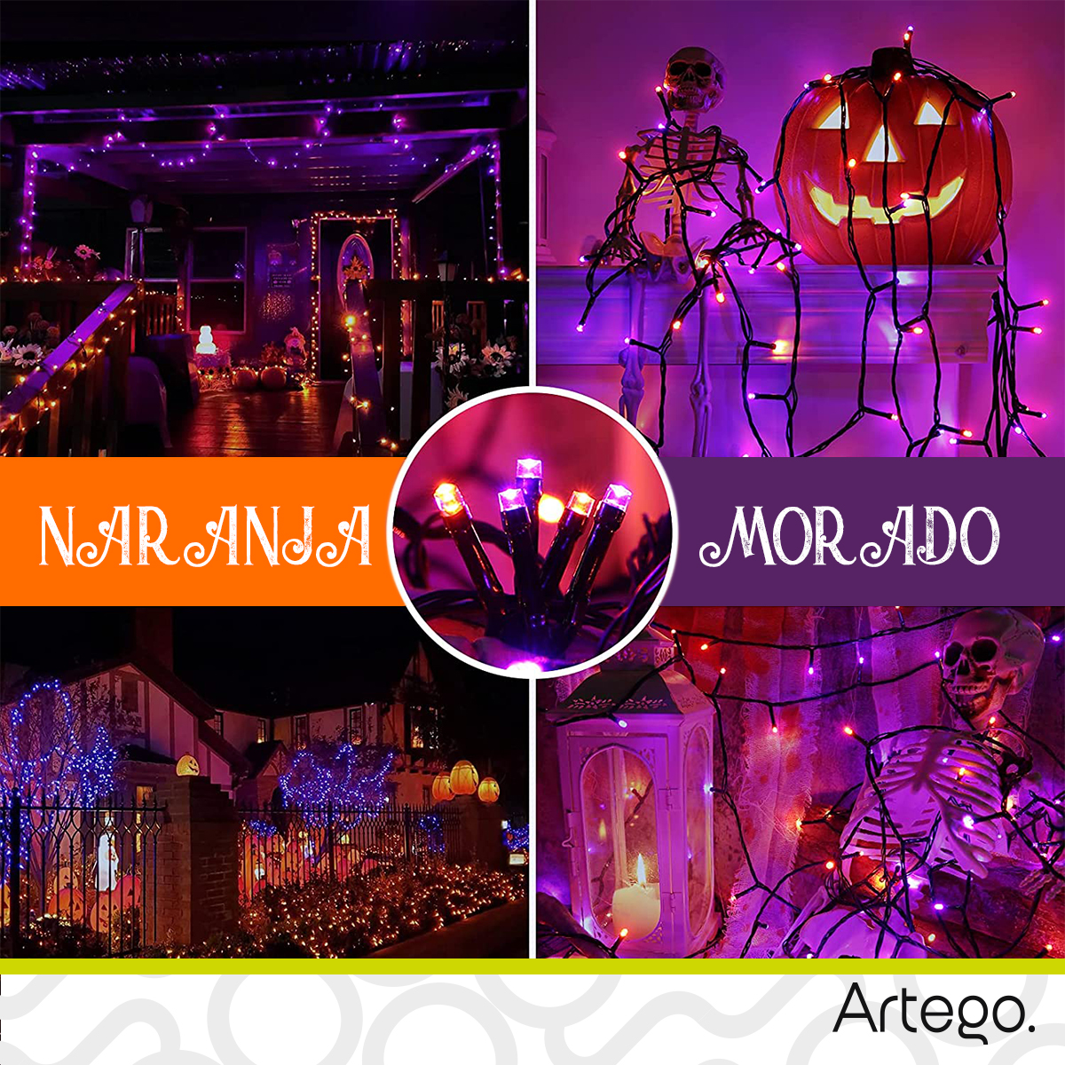 Luces serie 100 led interior exterior Decoración Halloween eventos bodas LED string lights con temporizador Artego.