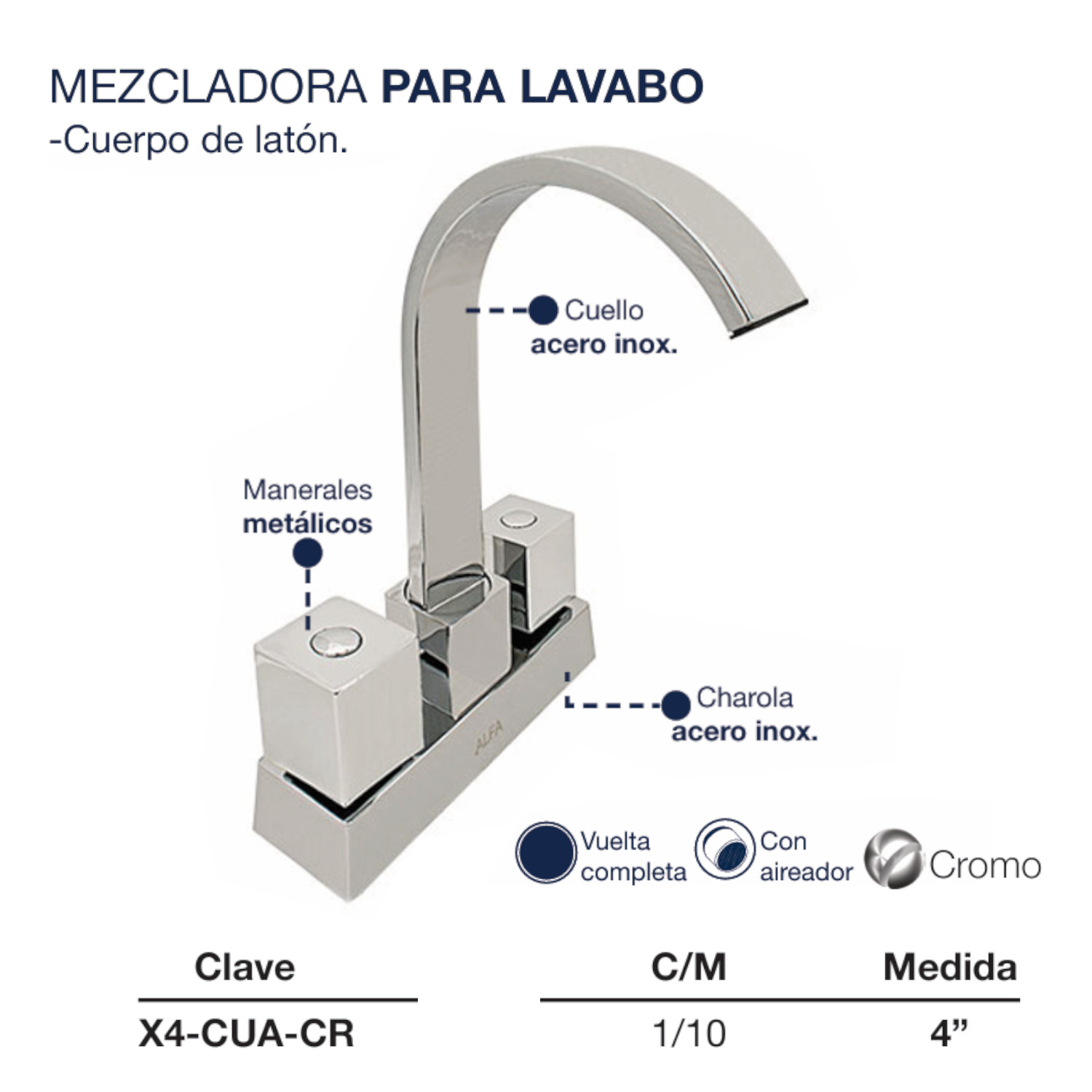 Llave Mezcladora Fregadero O Tarja Cocina Alfa Acero Inoxidable Cromada Manerales Cuadrados
