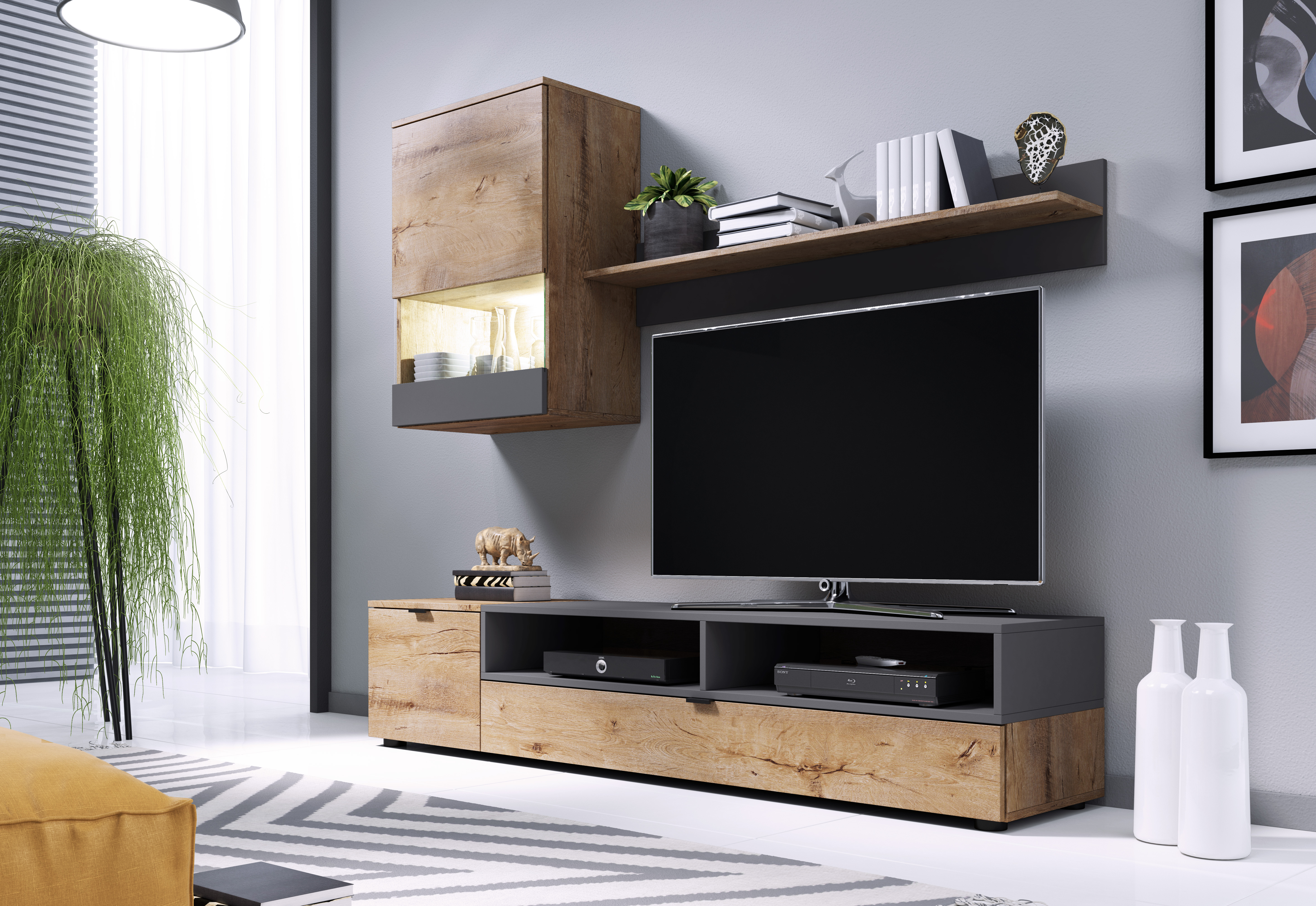 Mueble de TV Color Gris y Madera de 2 Partes para TV de Hasta 75 con Pulgadas Estructura de Madera Industrial