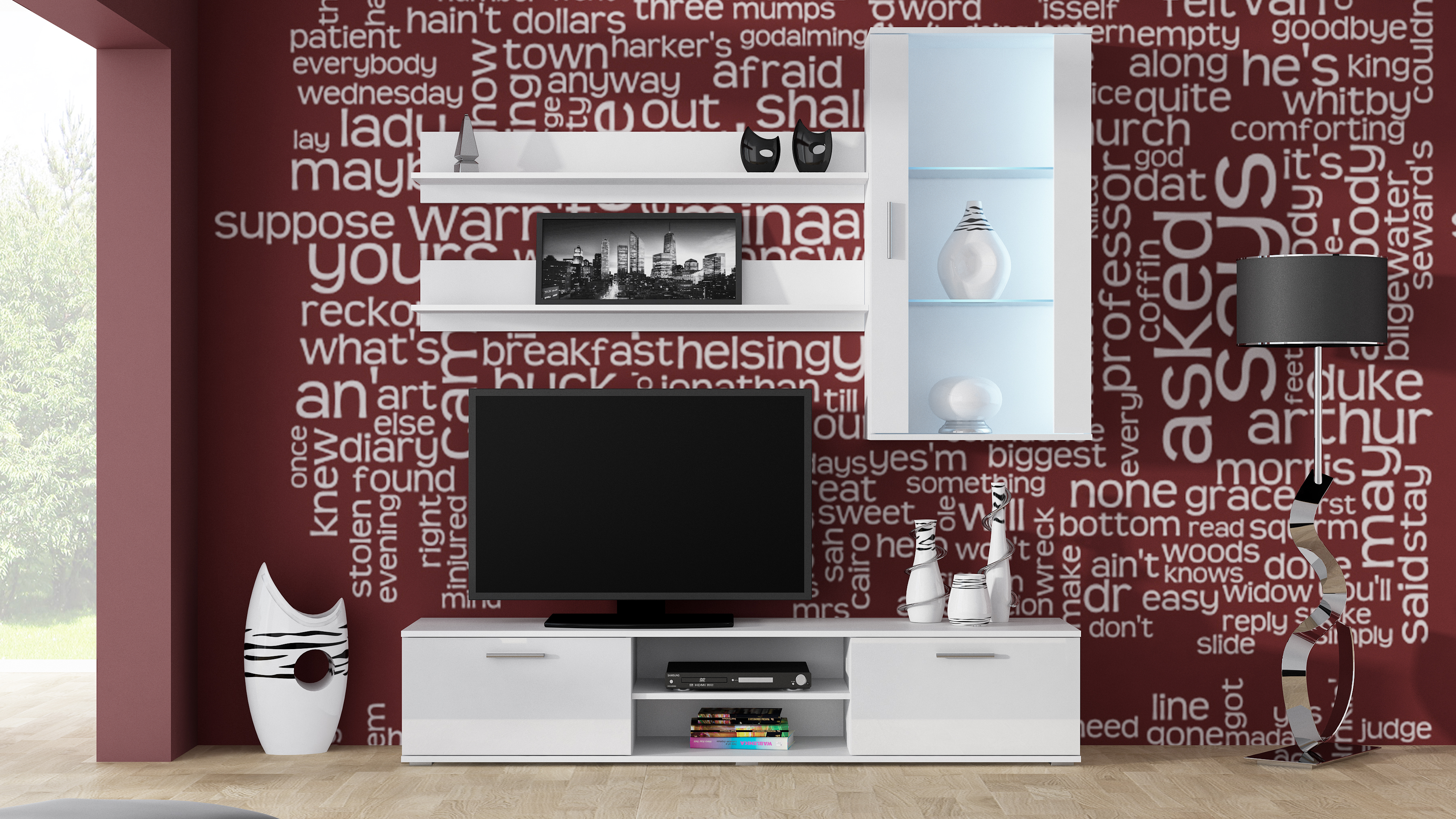 Mueble de TV Color Blanco de 2 Partes para TV de Hasta 75 Pulgadas con Estructura de Madera Industrial