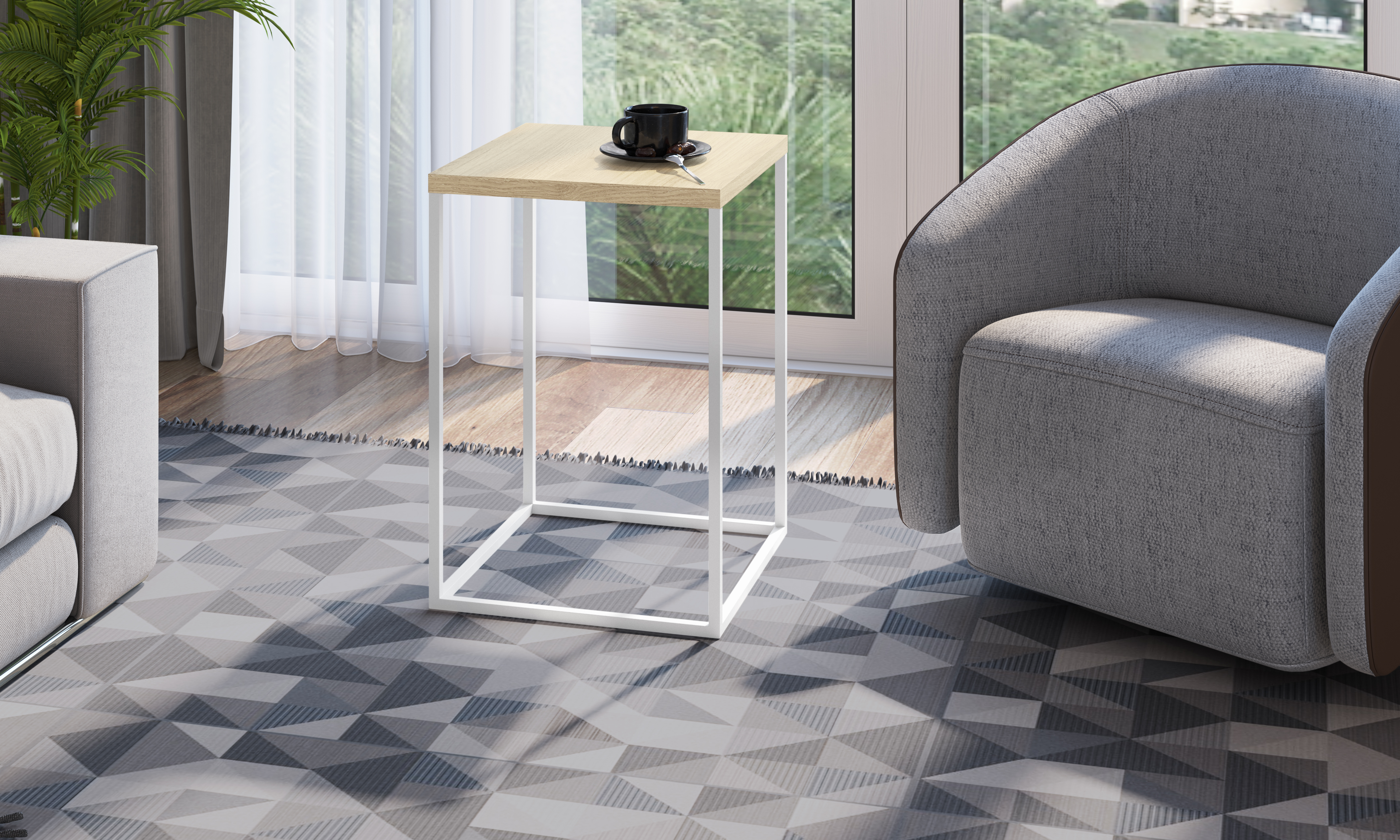 Mesa Lateral Color Blanco y Madera con Estructura Metálica de Acero MDP 