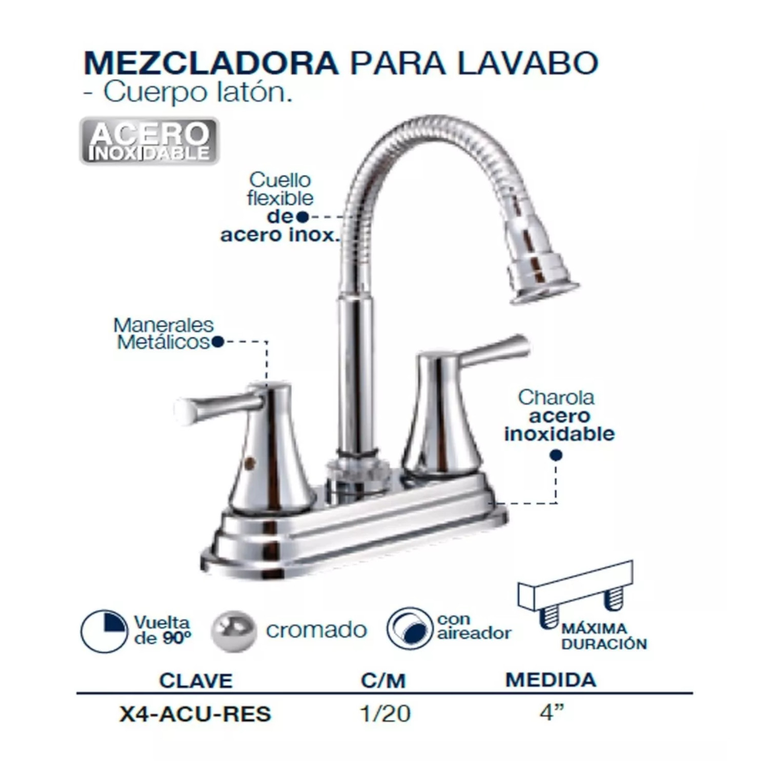 Llave Mezcladora Baño Lavabo Alfa Cuerpo De Latón Cromado Flexible Pato.