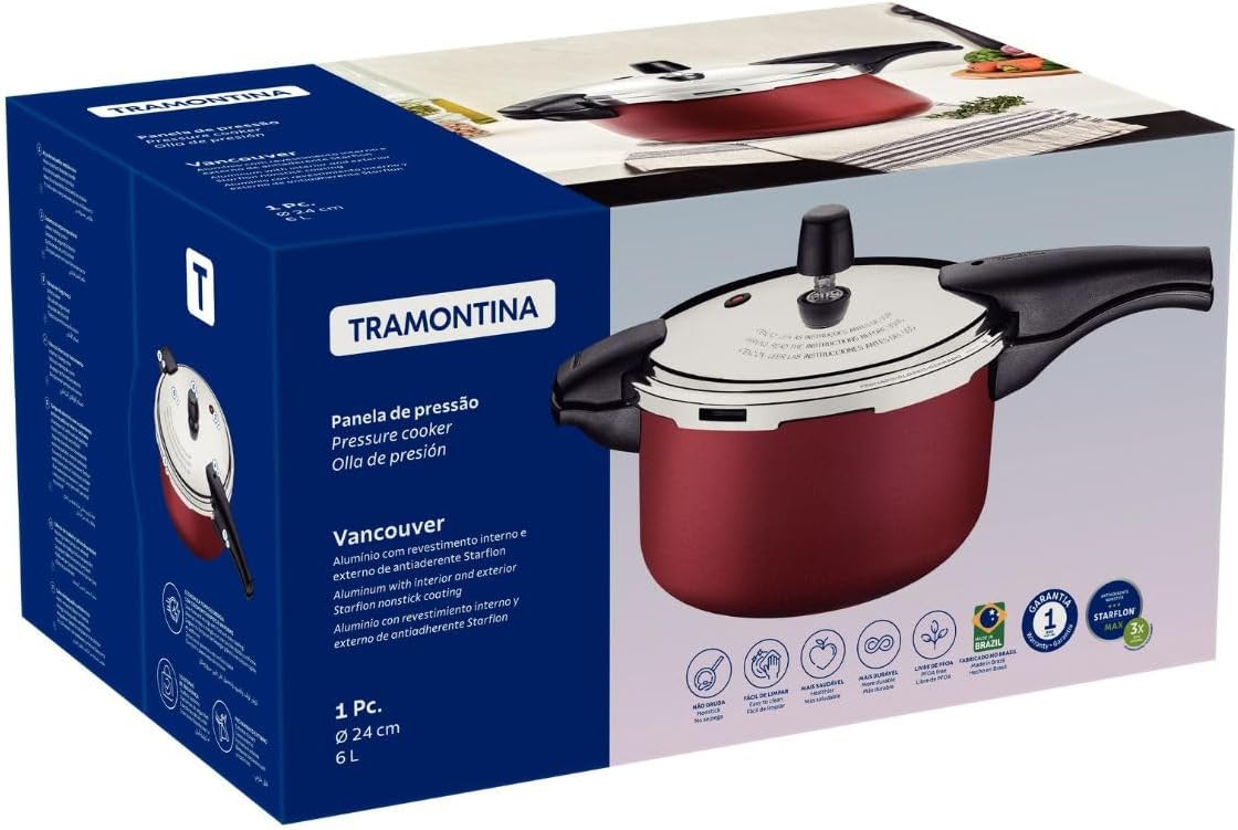 TRAMONTINA Olla de Presión Vancouver 6 L Antiadherente, Roja