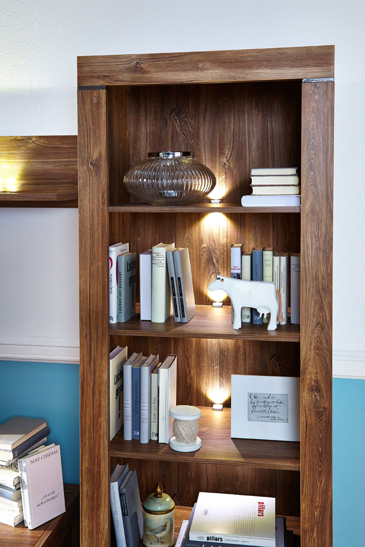 Librero Color Madera con 2 Cajones y 4 Módulos con Jaladeras Metálicas y Estructura de Madera MDF