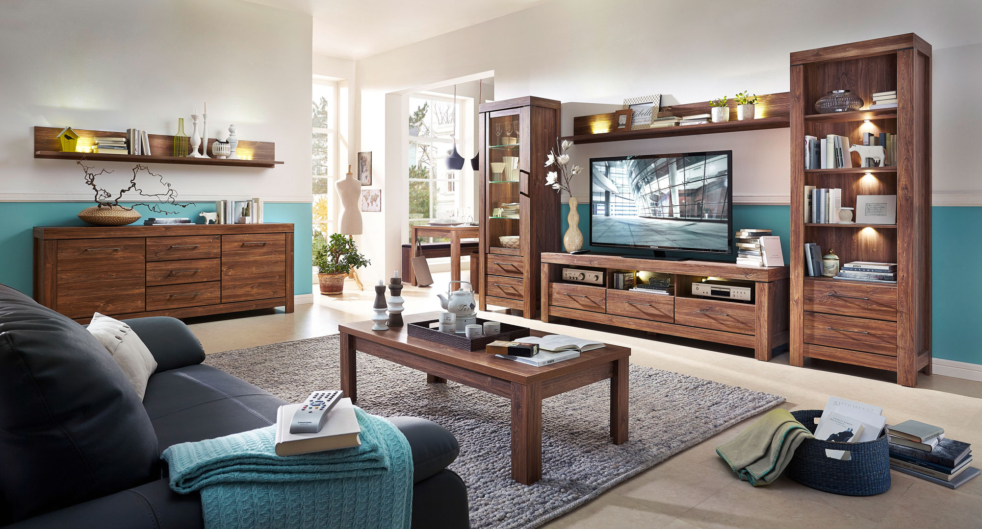 Librero Color Madera con 2 Cajones y 4 Módulos con Jaladeras Metálicas y Estructura de Madera MDF