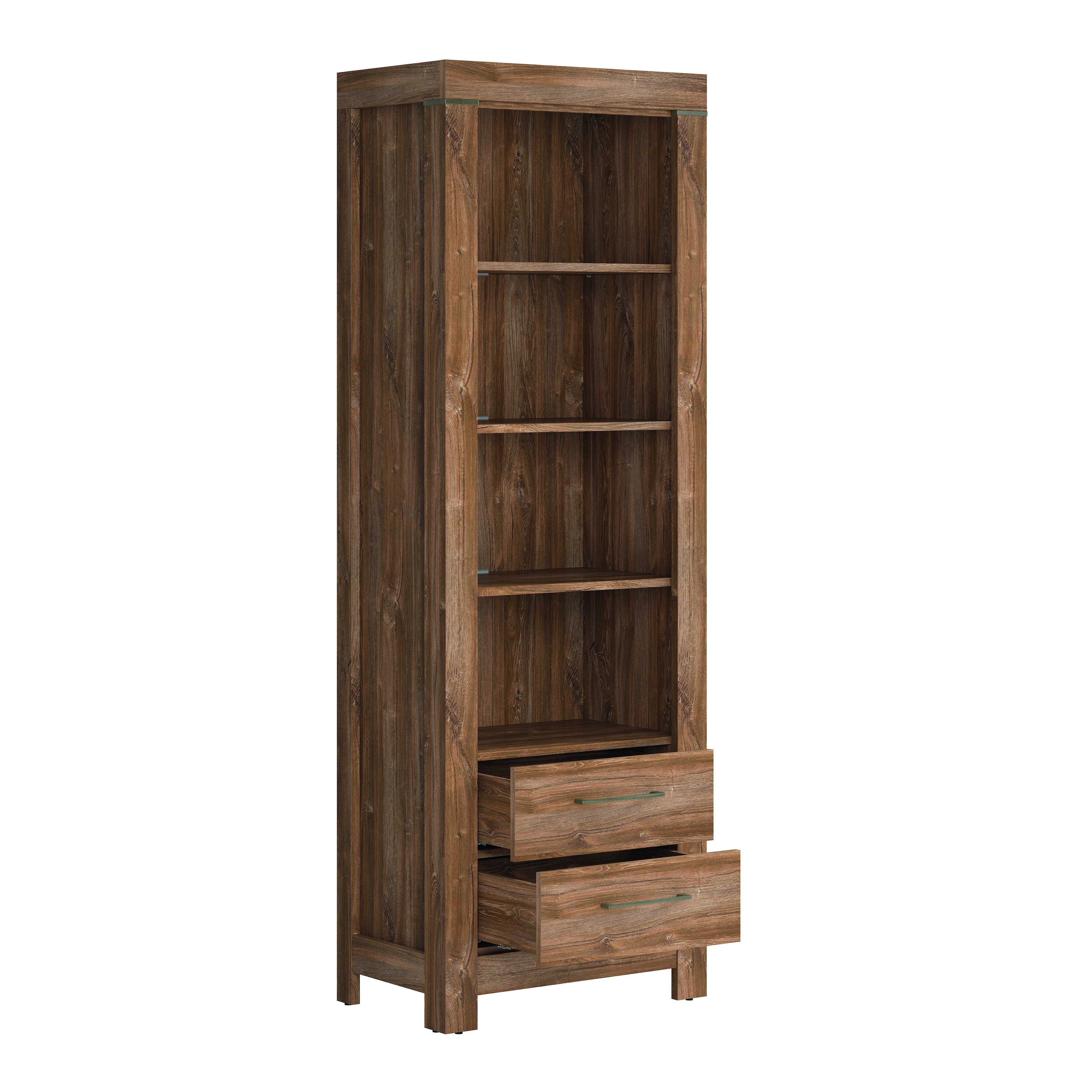 Librero Color Madera con 2 Cajones y 4 Módulos con Jaladeras Metálicas y Estructura de Madera MDF