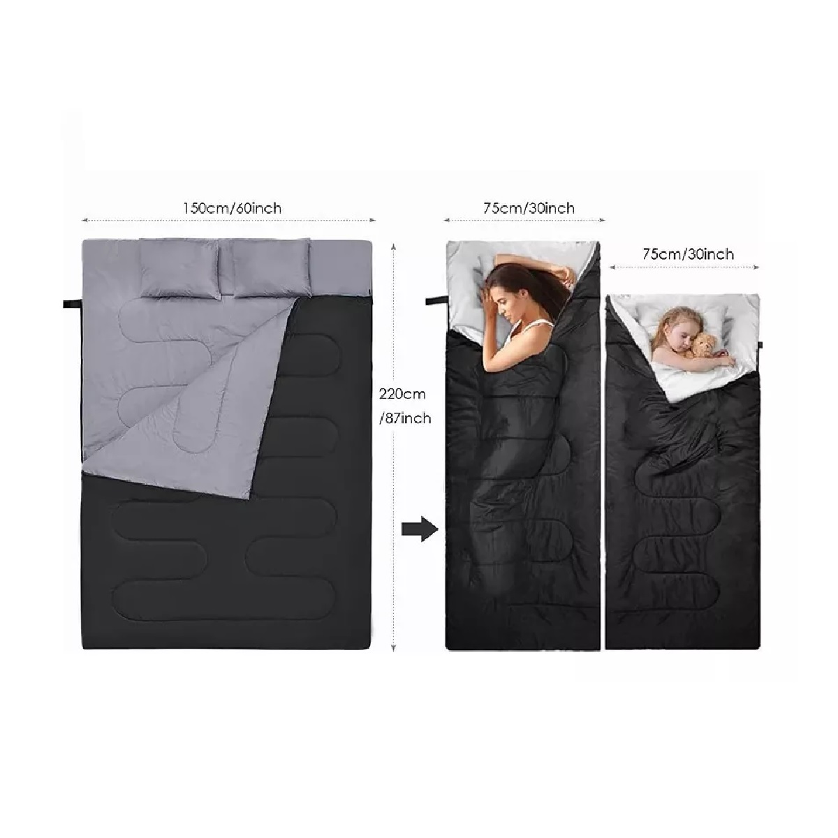 Saco De Dormir Para Acampar Para 2 Personas Con 2 Almohadas Negro