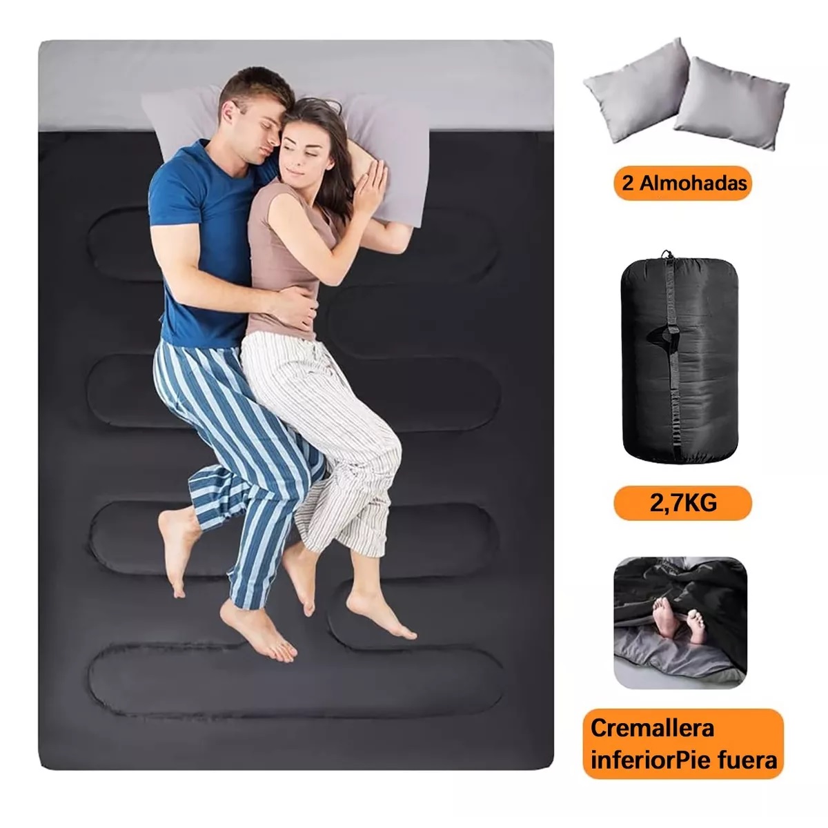 Saco De Dormir Para Acampar Para 2 Personas Con 2 Almohadas Negro