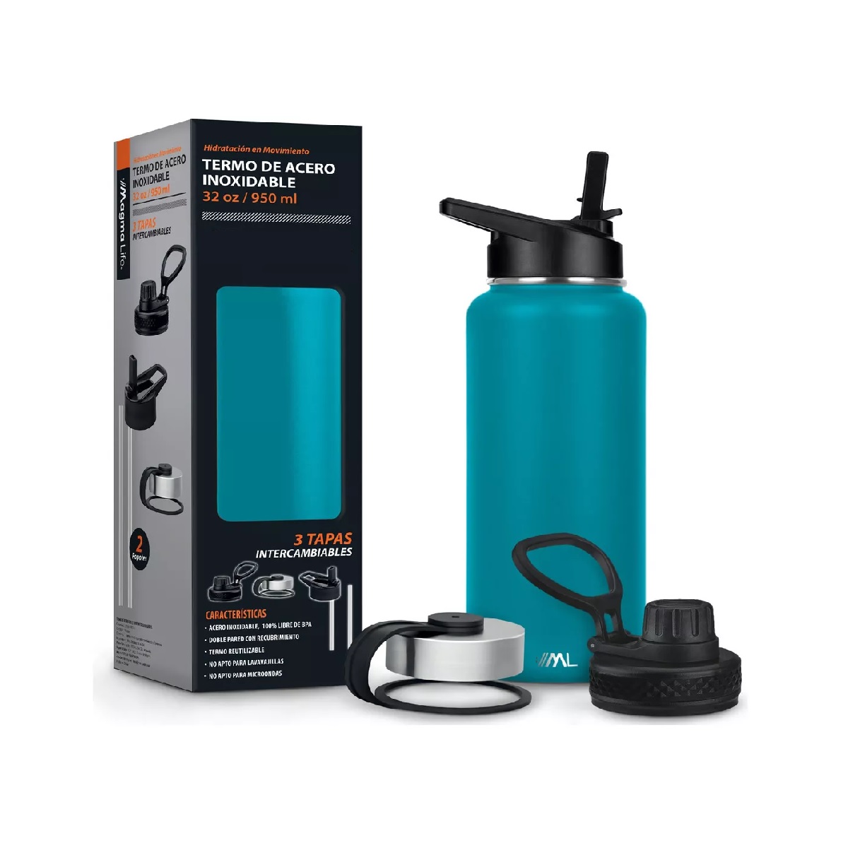 Termo Para Café Y Agua 3 Tapas 32 Oz 950 Ml Azul Petroleo