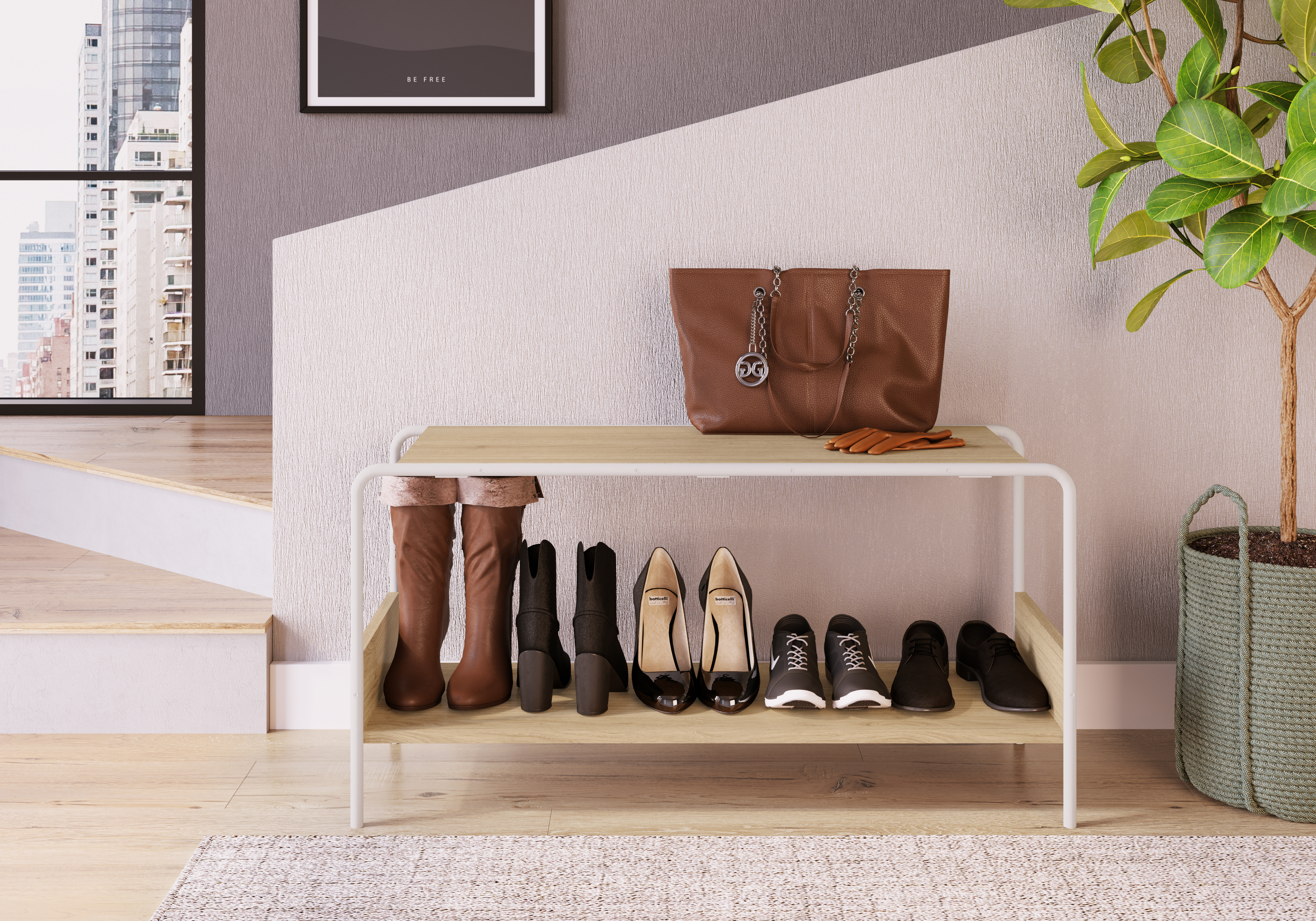 Banca Zapatera Color Madera y Blanco con Estructura Metálica y Tableros de Madera Industrial