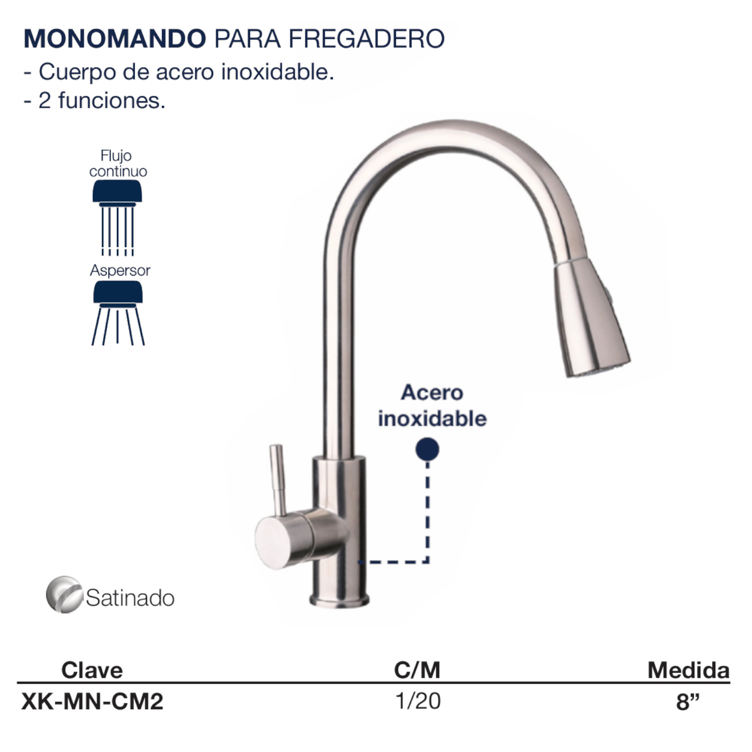 Llave Monomando Fregadero O Tarja Cocina Retráctil Alfa Acero Inoxidable 304 Satinado 2 Funciones.