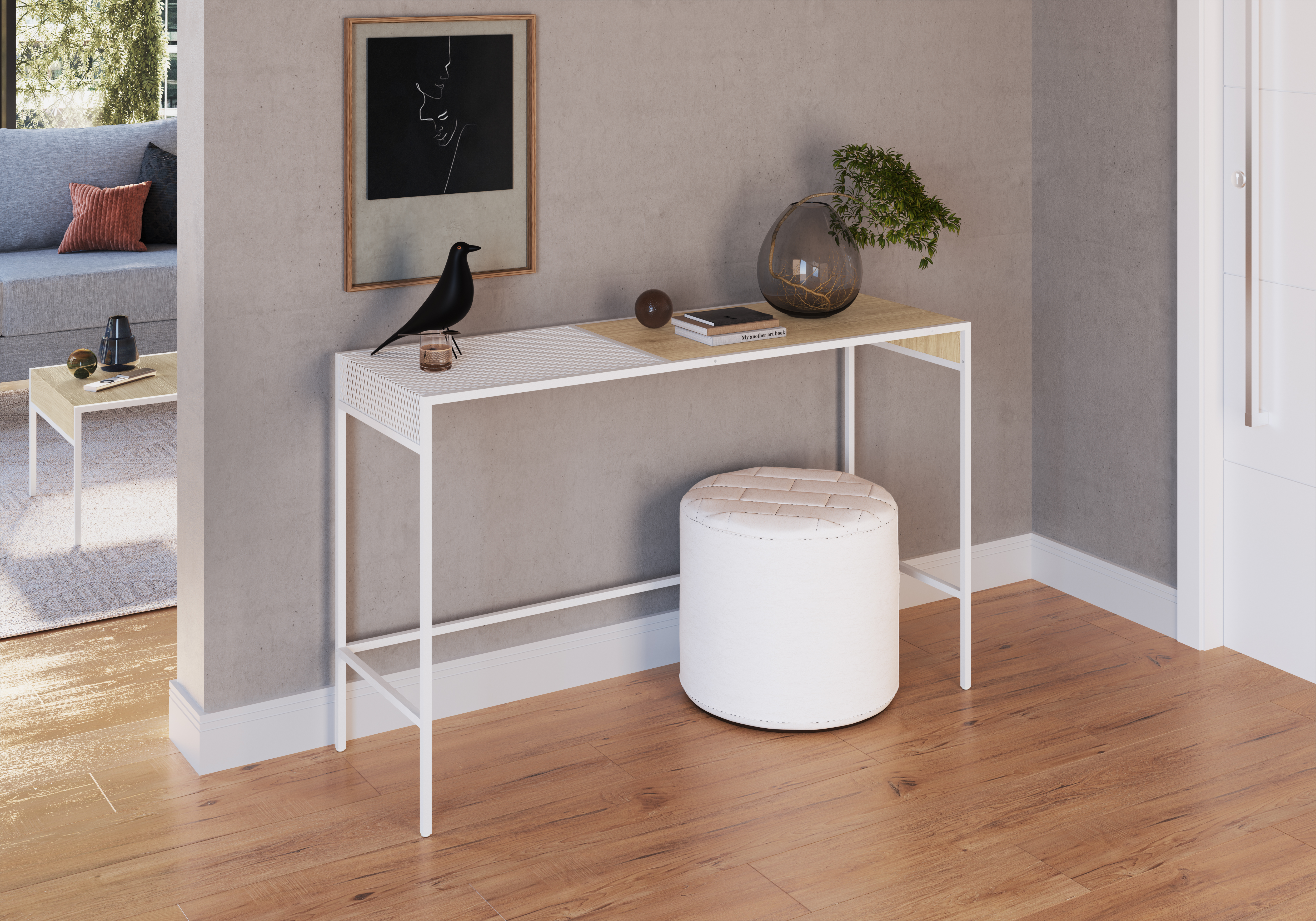 Consola Color Blanco y Madera con Estructura Metálica de Acero MDP 120cm (Ancho)* 40cm (Profundo)