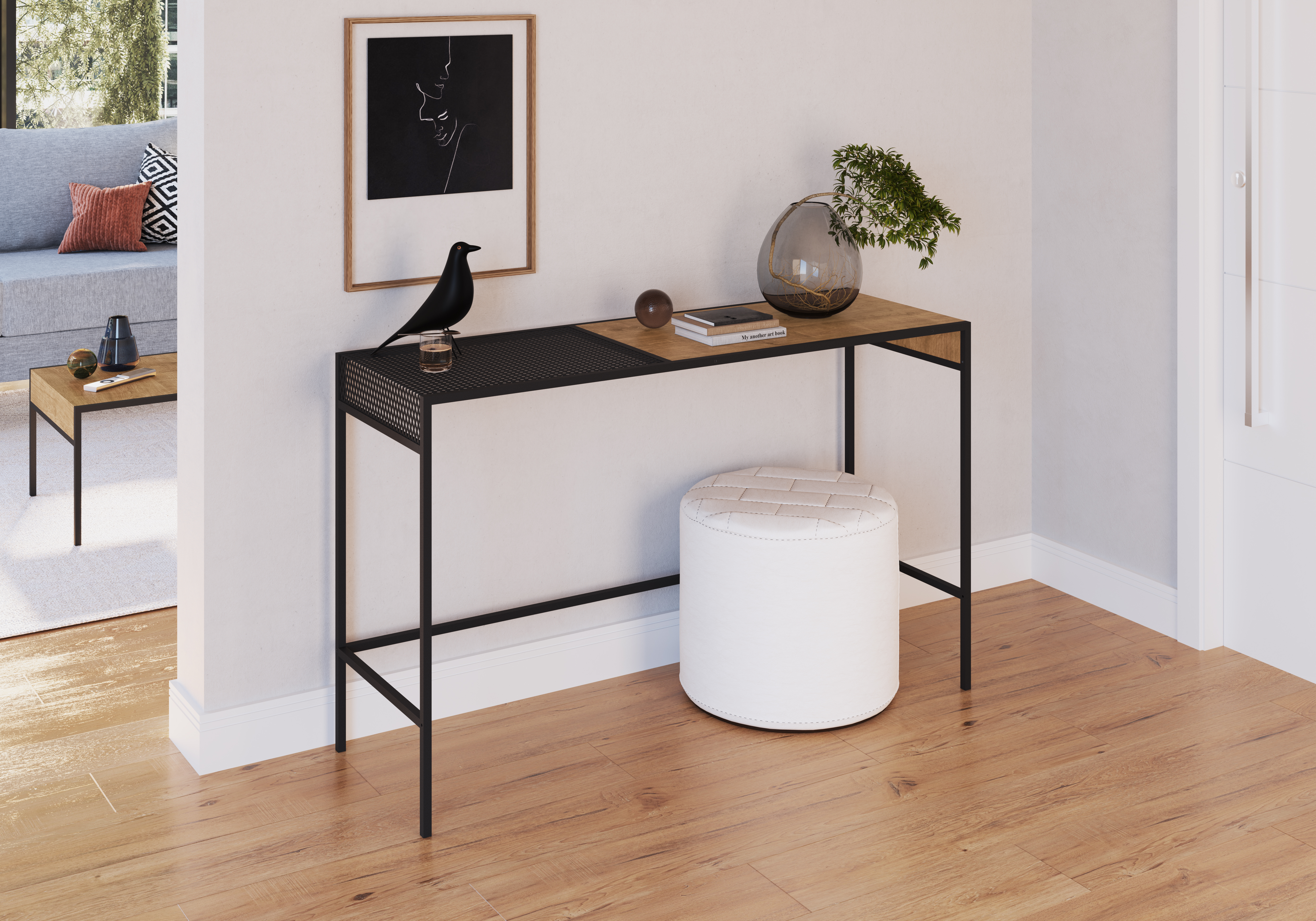 Consola Color Negro y Madera con Estructura Metálica de Acero MDP 120cm (Ancho)* 40cm (Profundo)