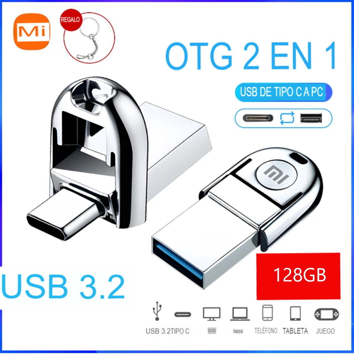 Memoria Xiaomi Pendrive 2 en 1 OTG USB-C Usb Metal 128GB Usb 3,0 Dual C datos pc cel teléfono