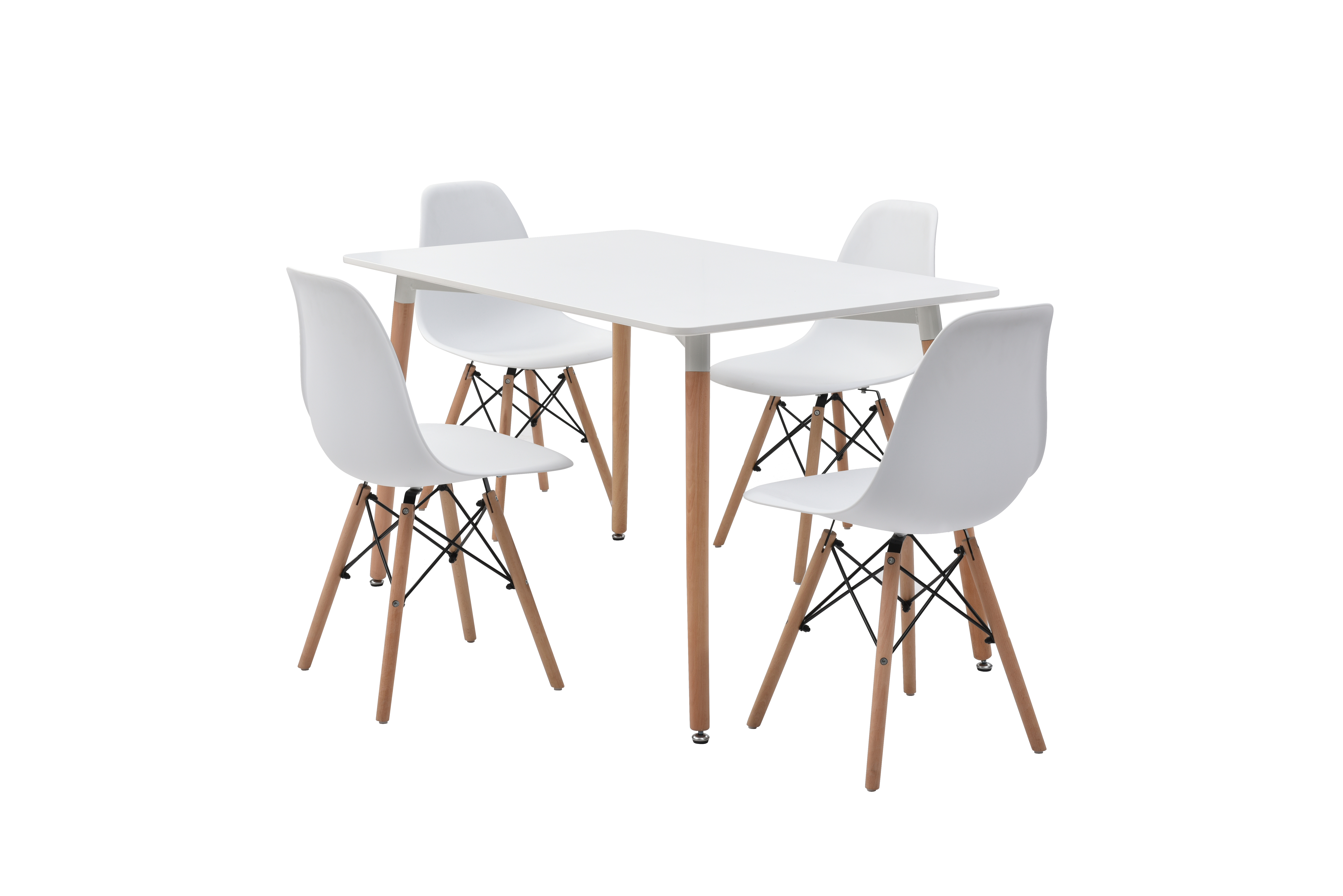 Comedor Completo Blanco con 4 Sillas con Patas de Madera y Soporte Metálico