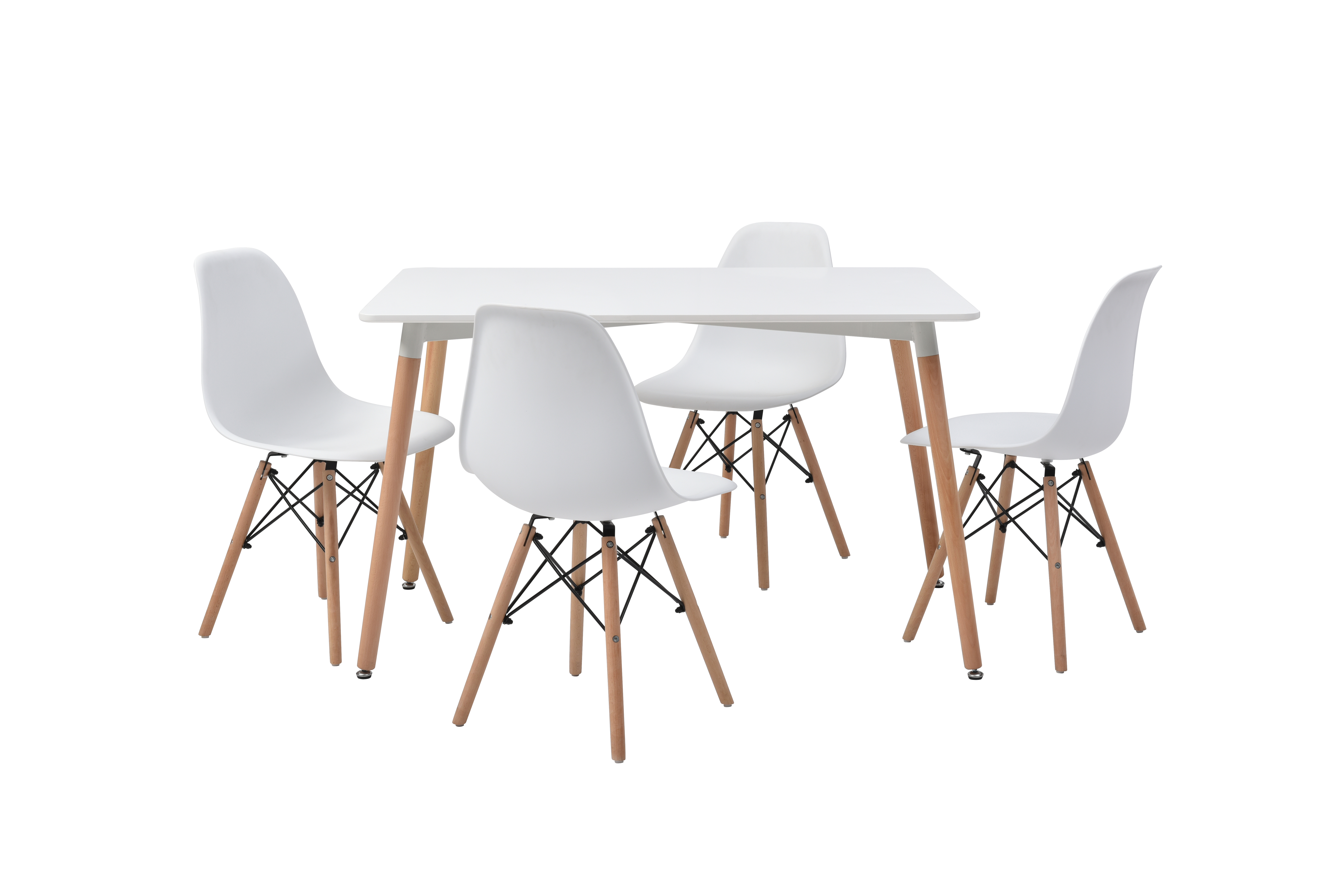 Comedor Completo Blanco con 4 Sillas con Patas de Madera y Soporte Metálico