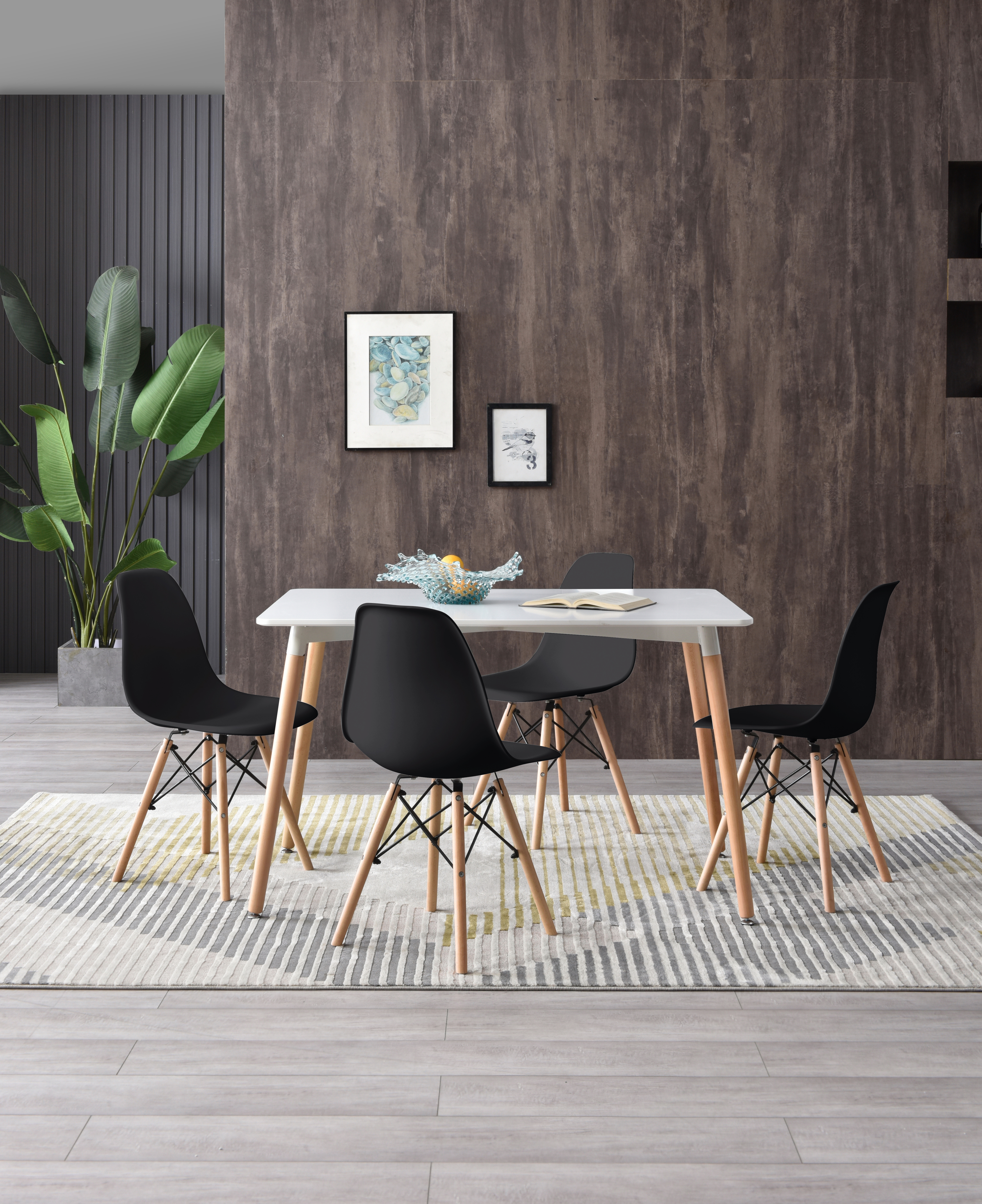 Comedor Completo con Mesa Blanca y 4 Sillas Negras con Patas de Madera y Soporte Metálico