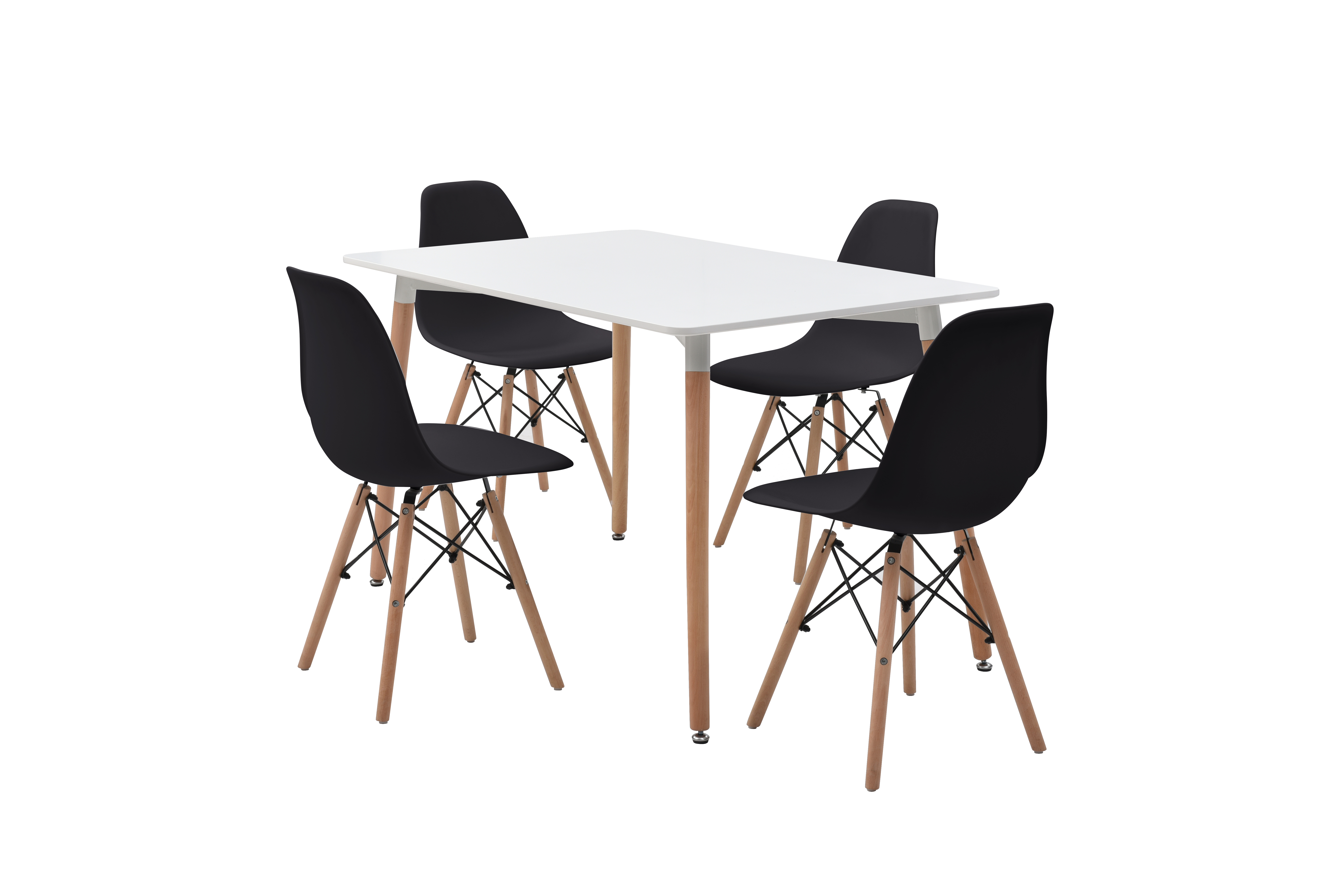 Comedor Completo con Mesa Blanca y 4 Sillas Negras con Patas de Madera y Soporte Metálico