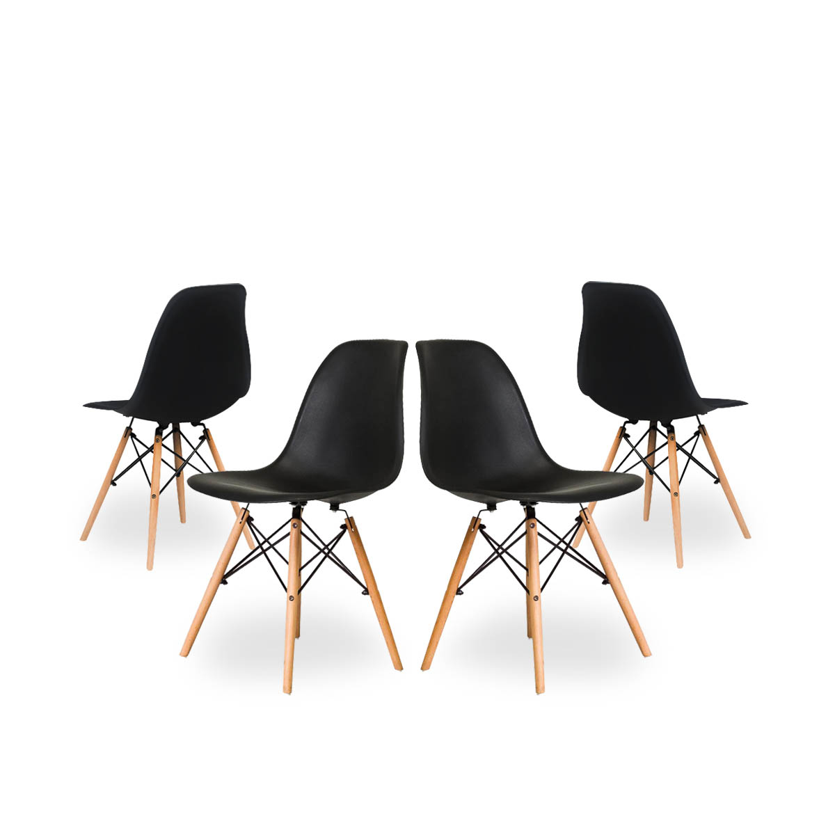 Comedor Completo con Mesa Blanca y 4 Sillas Negras con Patas de Madera y Soporte Metálico