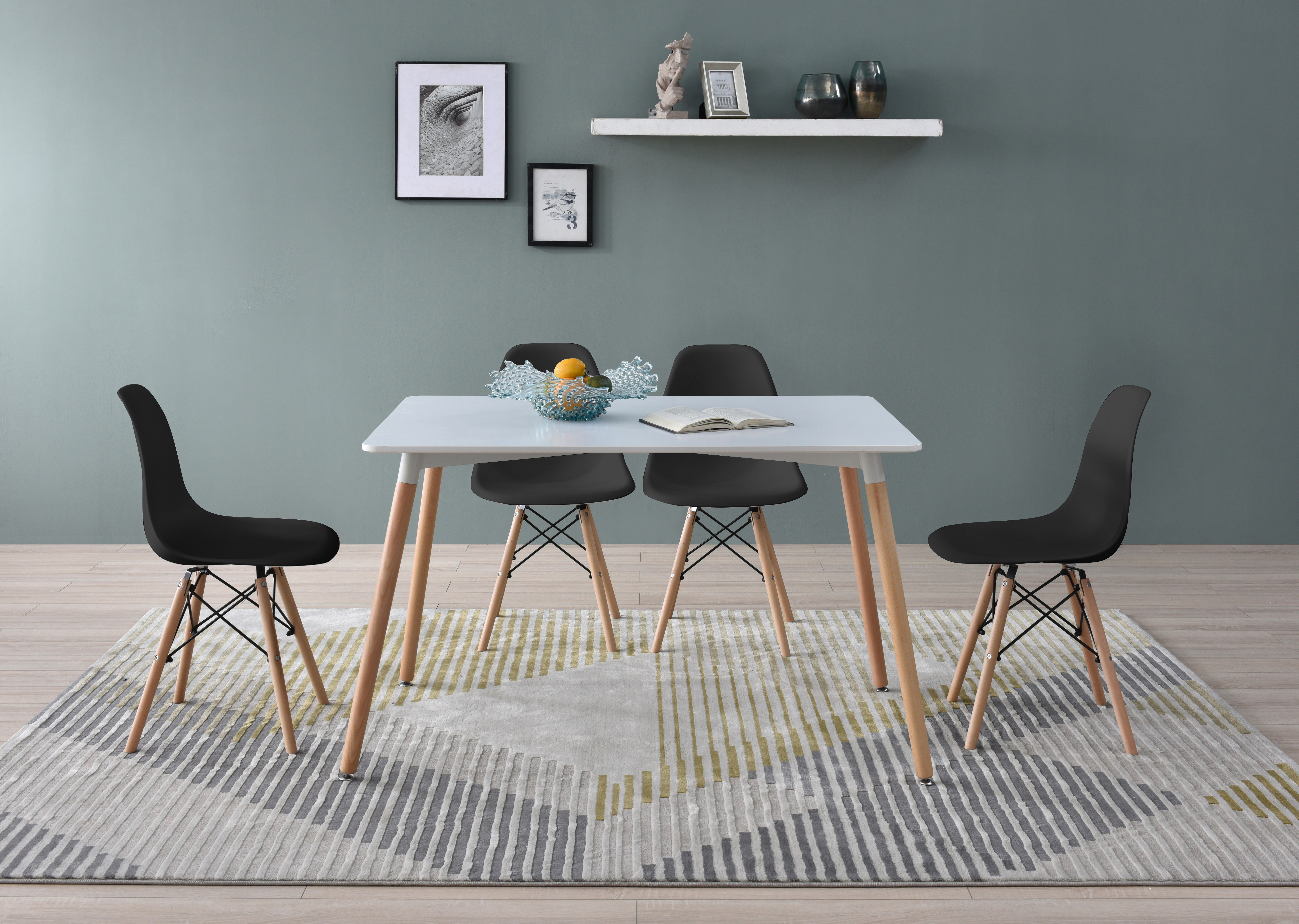 Comedor Completo con Mesa Blanca y 4 Sillas Negras con Patas de Madera y Soporte Metálico