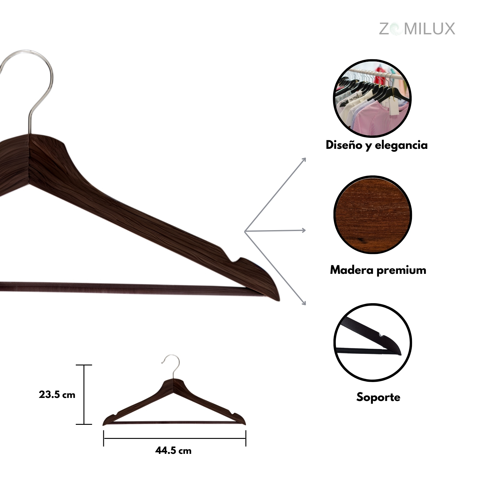 20 Ganchos para Ropa Madera Premium ZOMILUX, Perchas para Pantalones de Alta Calidad con Barra Antideslizante, Elegantes Resistentes y Durables con Gancho Giratorio 360° 