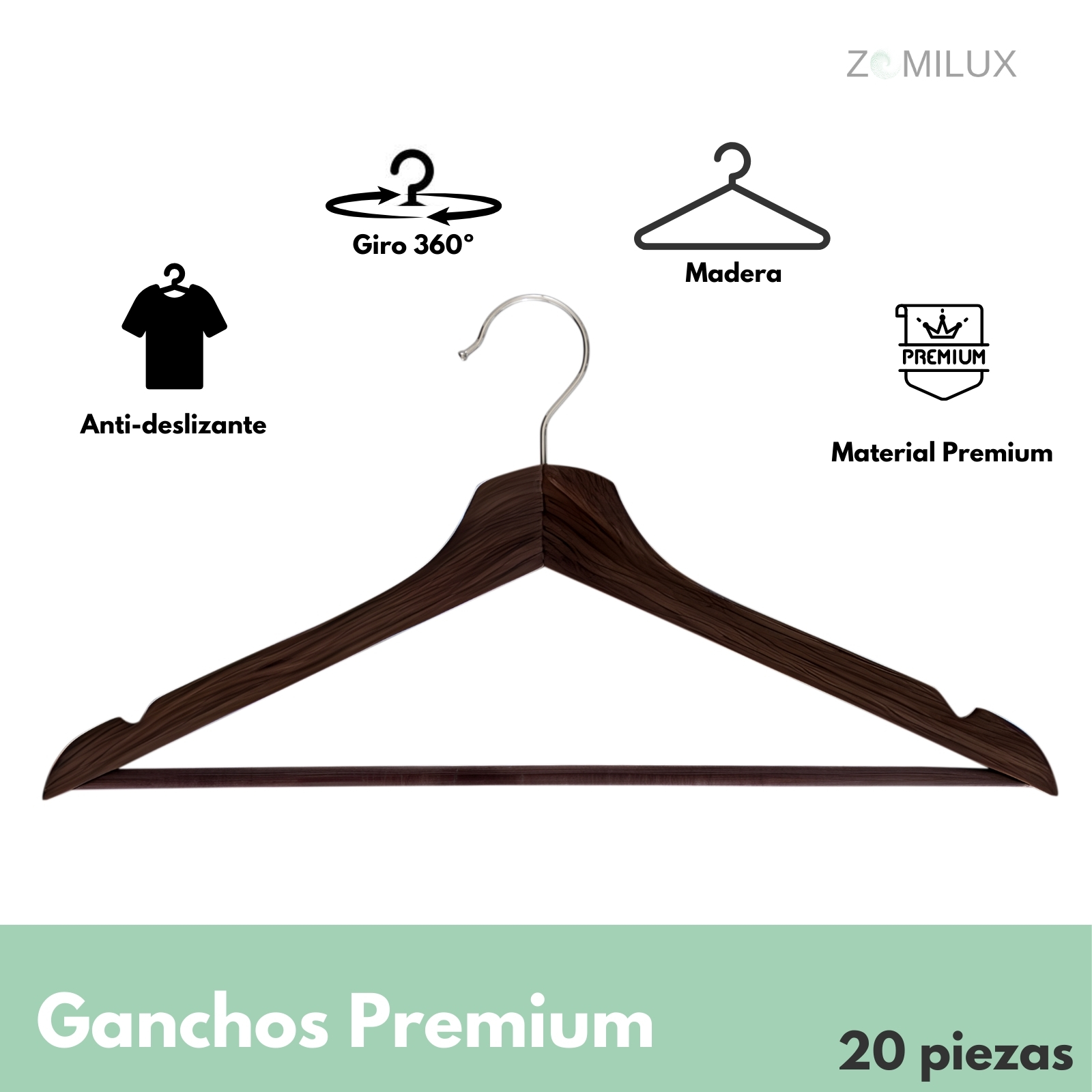 20 Ganchos para Ropa Madera Premium ZOMILUX, Perchas para Pantalones de Alta Calidad con Barra Antideslizante, Elegantes Resistentes y Durables con Gancho Giratorio 360° 
