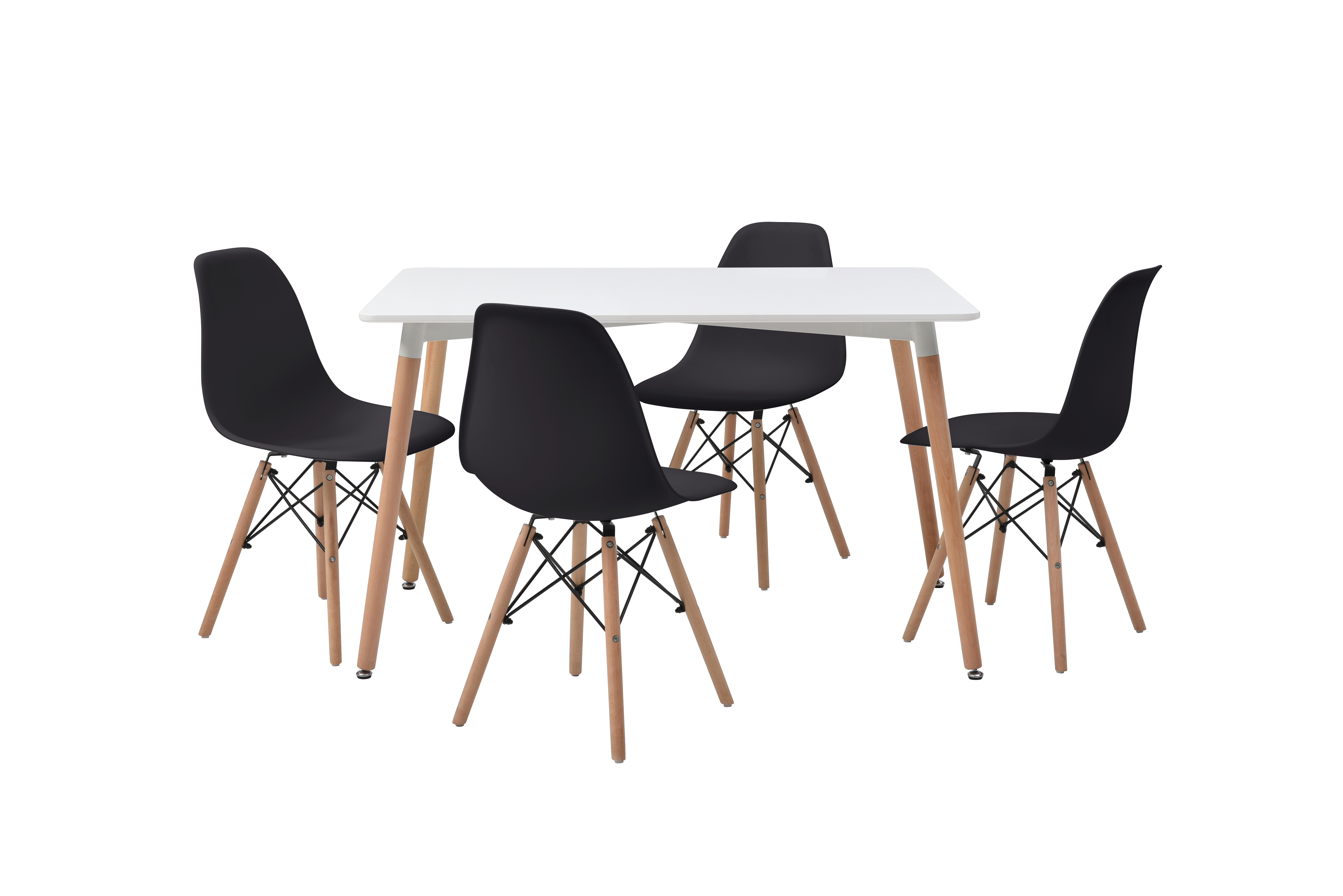 Comedor Completo con Mesa Blanca y 4 Sillas Negras con Patas de Madera y Soporte Metálico