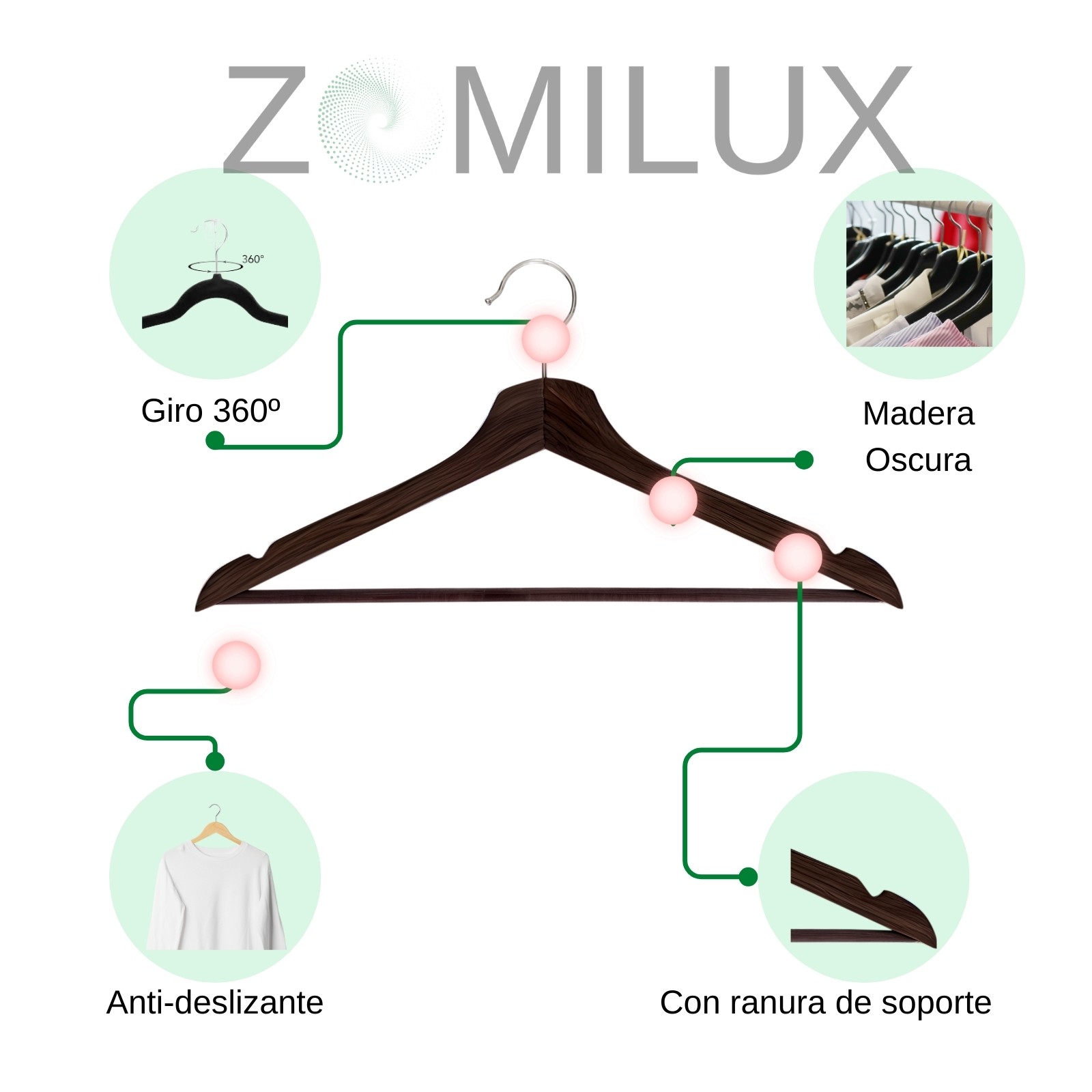 20 Ganchos para Ropa Madera Premium ZOMILUX, Perchas para Pantalones de Alta Calidad con Barra Antideslizante, Elegantes Resistentes y Durables con Gancho Giratorio 360° 