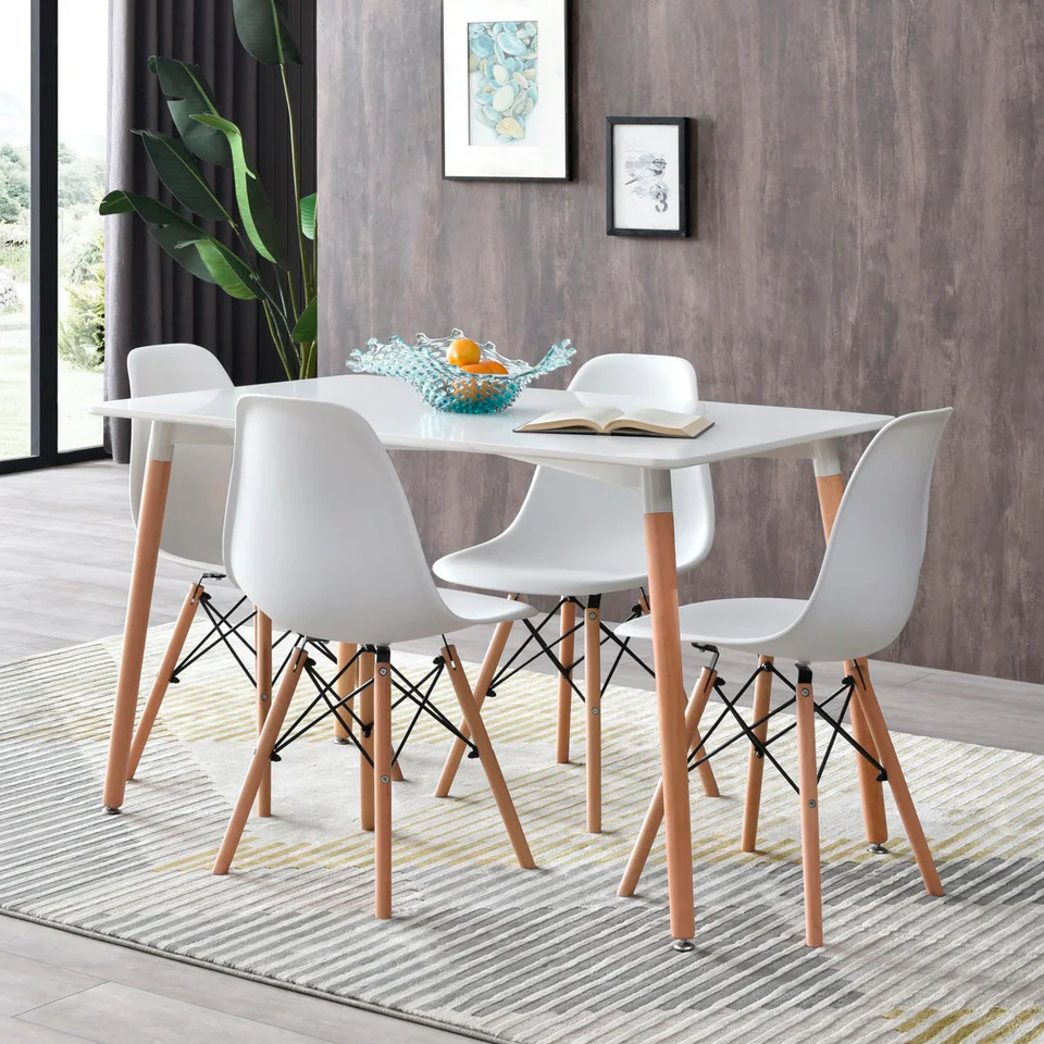 Comedor Completo con Mesa Negra y 4 Sillas Blancas con Patas de Madera y Soporte Metálico