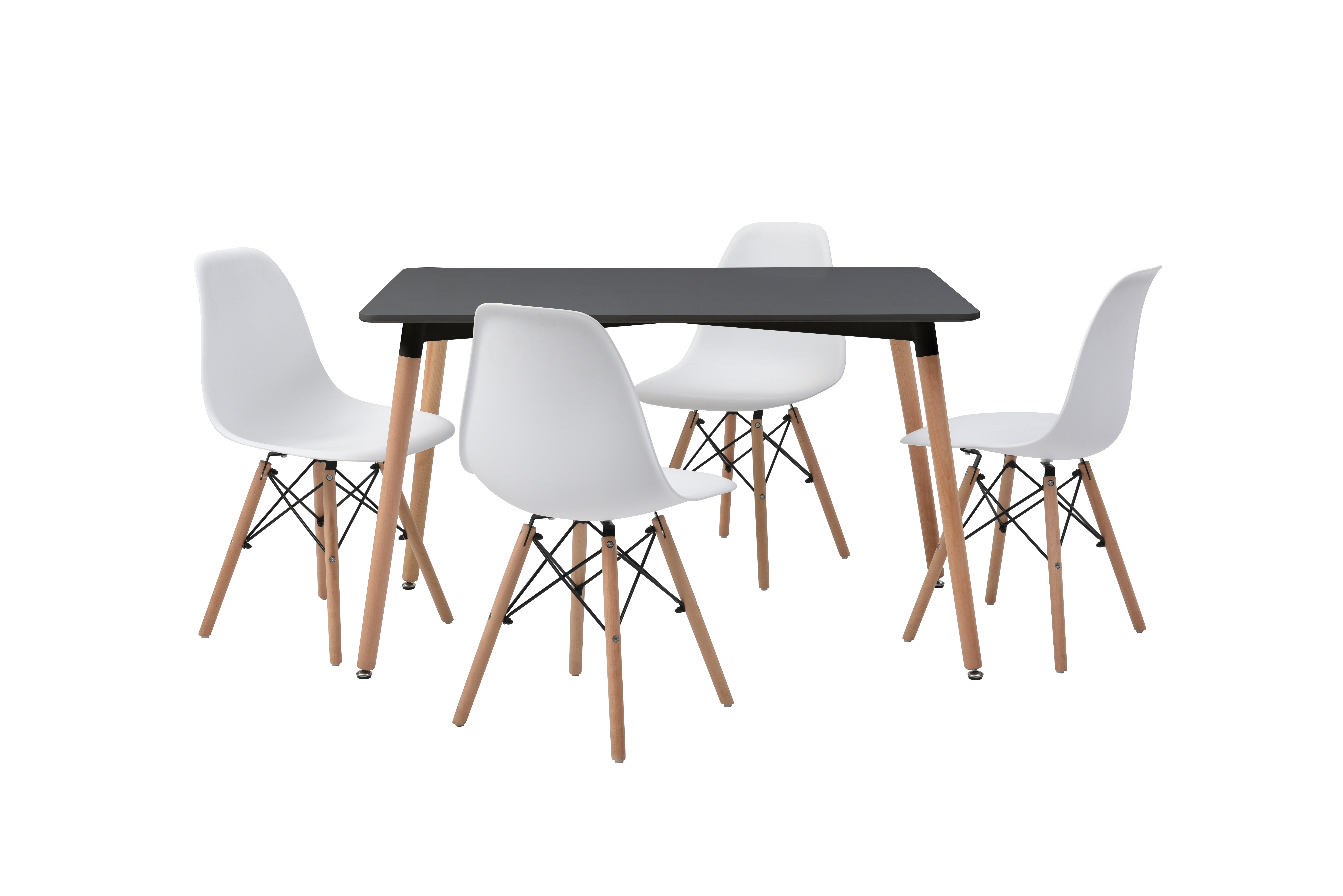 Comedor Completo con Mesa Negra y 4 Sillas Blancas con Patas de Madera y Soporte Metálico