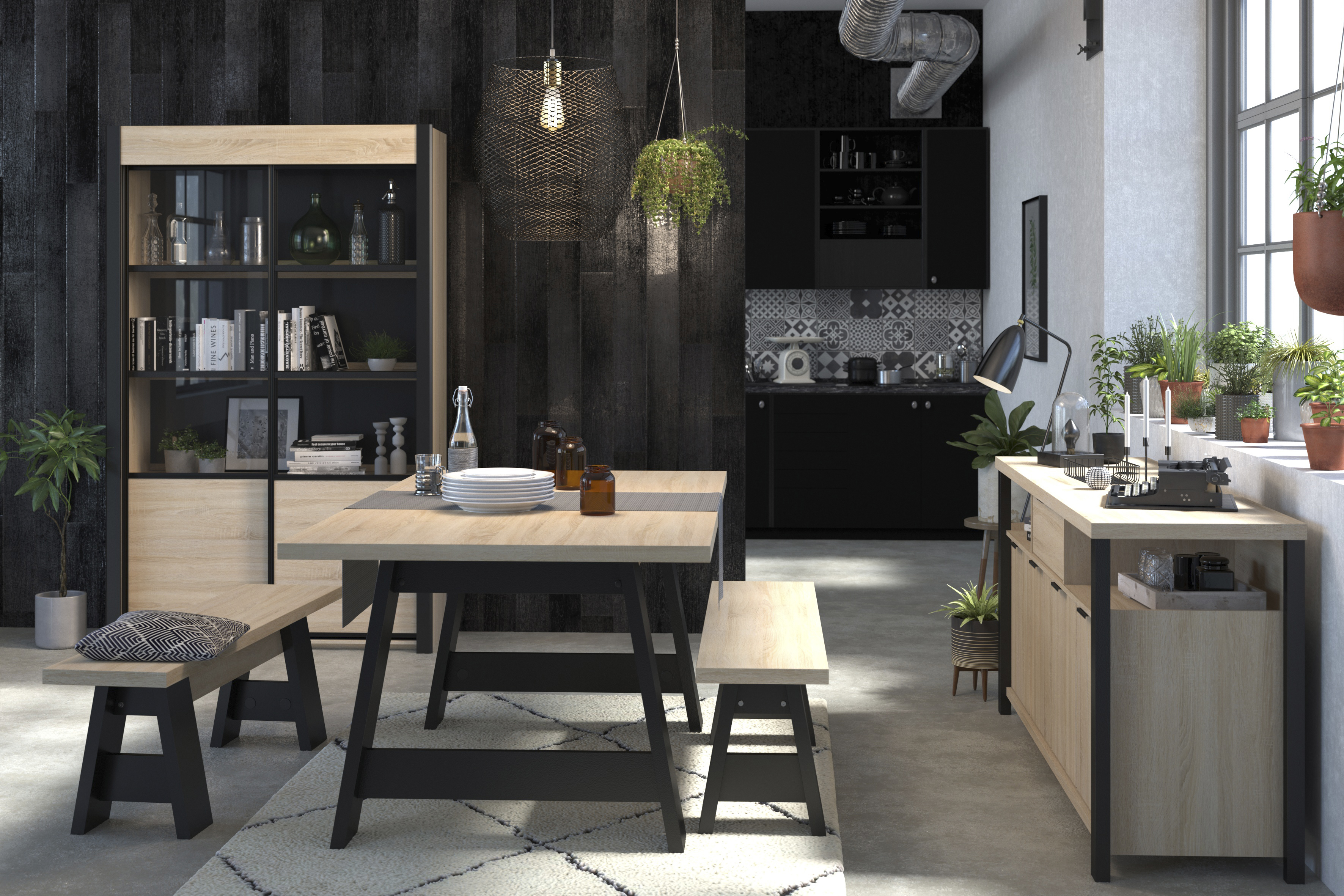 Banca de Comedor y Sala Color Negro y Roble. Estructura de Madera Industrial