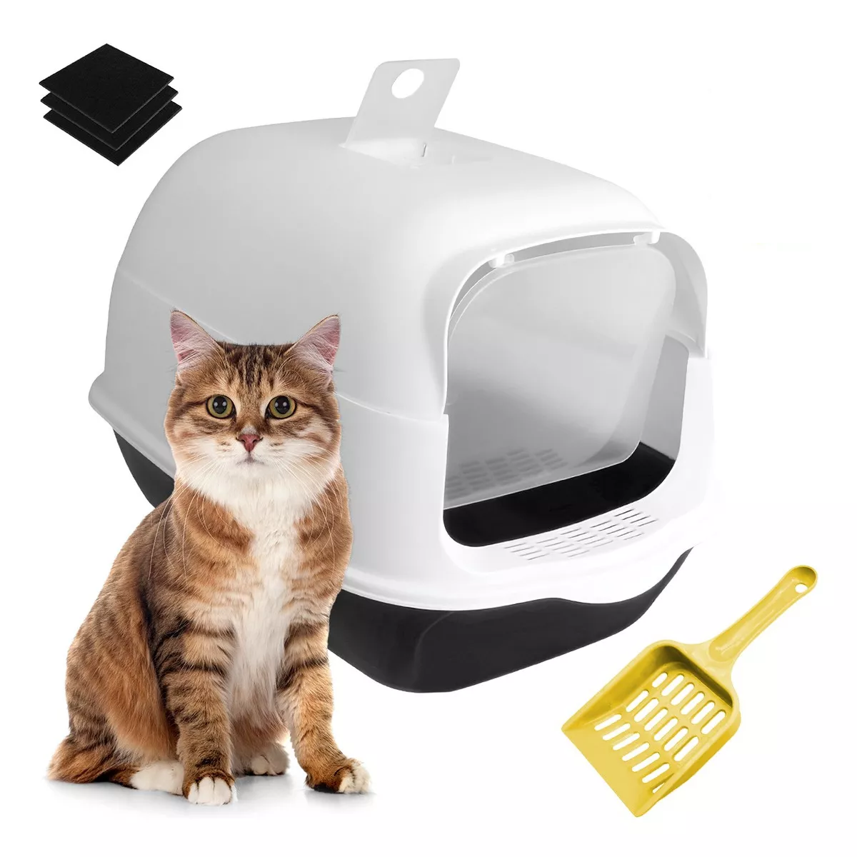 Arenero Cerrado Para Gatos Antiolores Puerta Palita Y Filtro Color Negro
