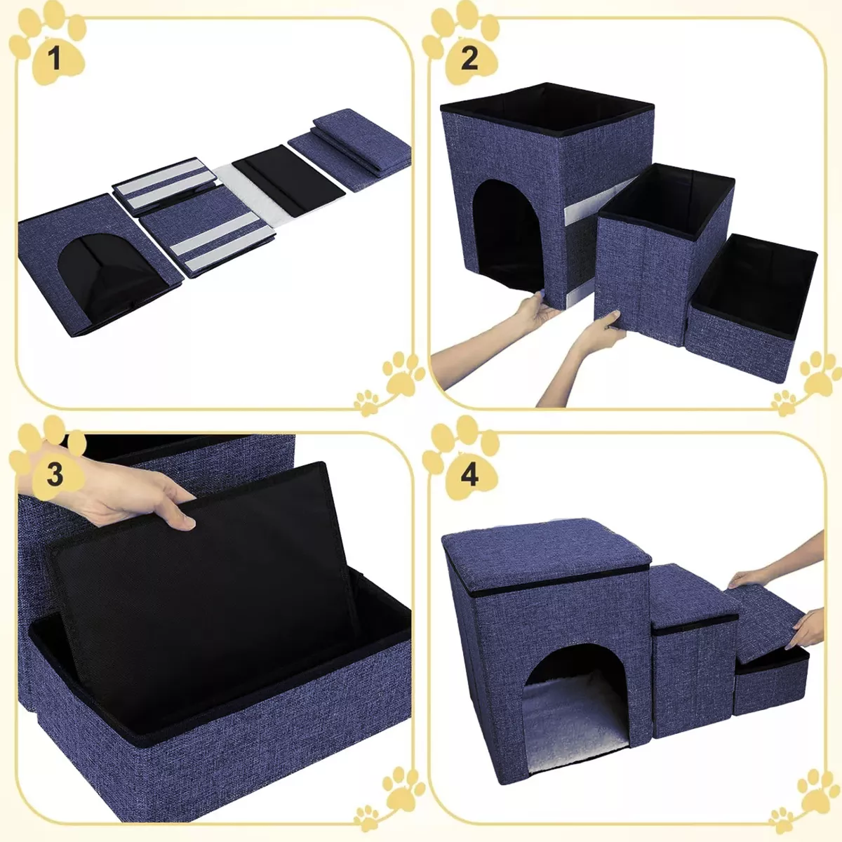 Escaleras Para Perros Mascotas 3 Escalones Almacenamiento Azul Marino