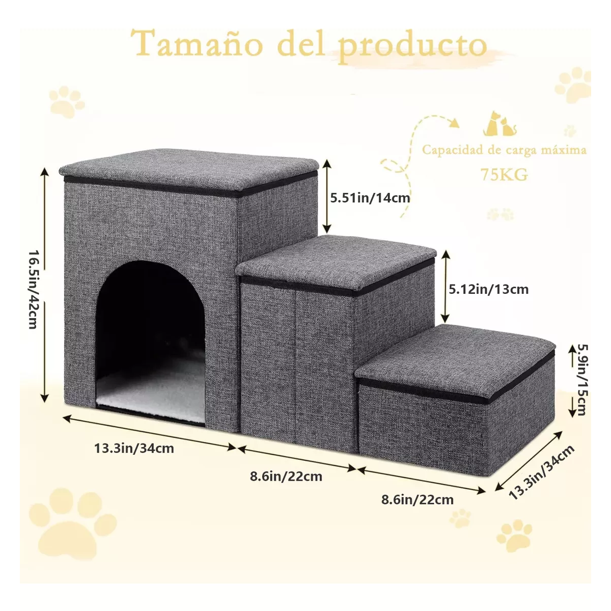Escaleras Para Perros Mascotas 3 Escalones Almacenamiento Gris
