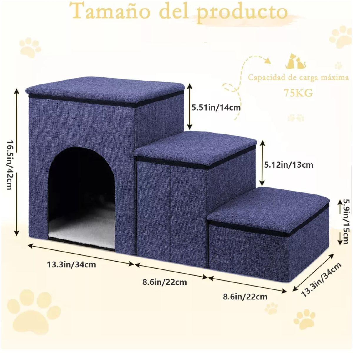 Escaleras Para Perros Mascotas 3 Escalones Almacenamiento Azul Marino