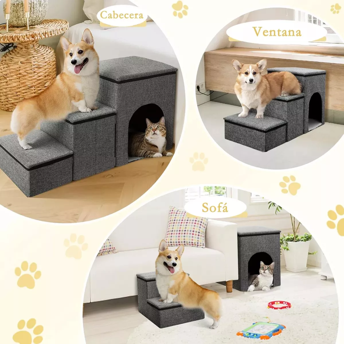 Escaleras Para Perros Mascotas 3 Escalones Almacenamiento Gris