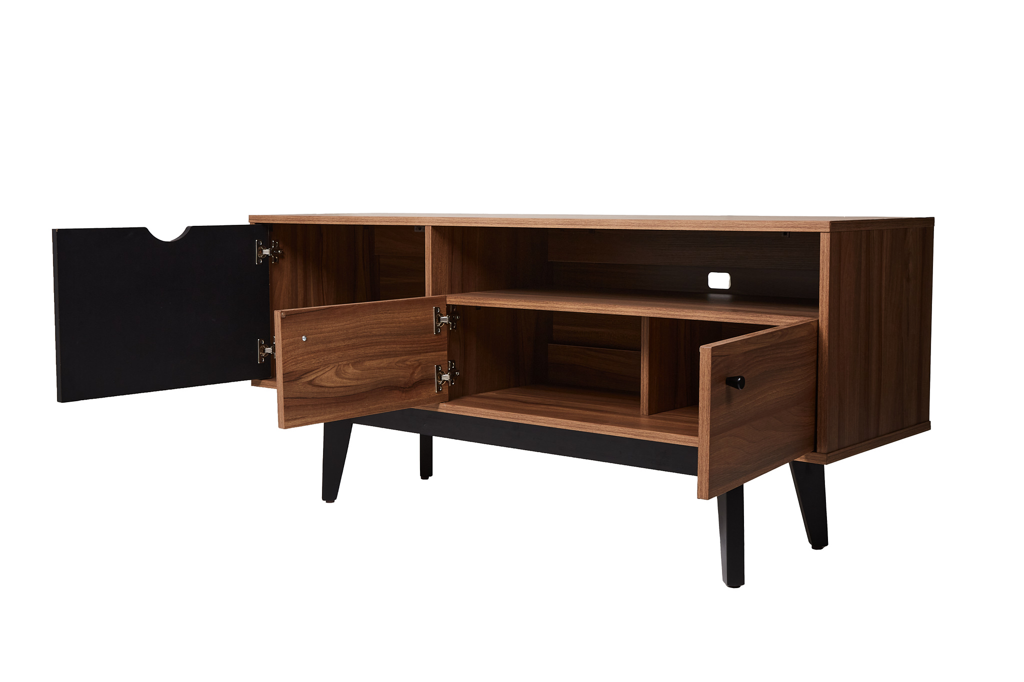 Mueble de TV Negro y Nogal con 3 Puertas para Almacenamiento. Patas de Madera de Pino y Recubierto en Melamina