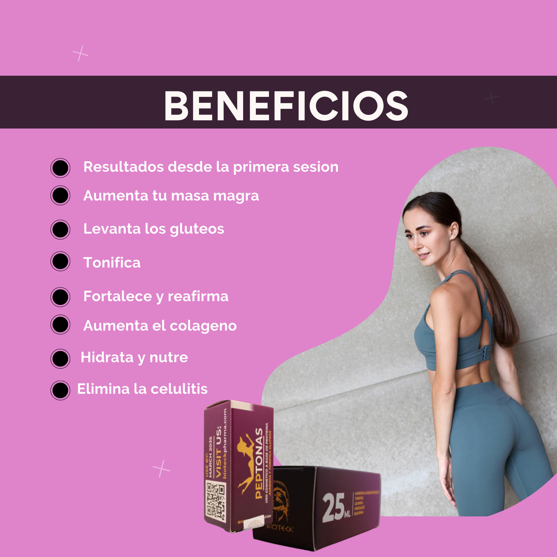 BIOTECKPHARMA| Peptonas Brasileñas para aumento de glúteos| Ácido Hialurónico, Vitamina C, Elastina, Peptidos de proteina de 25ml