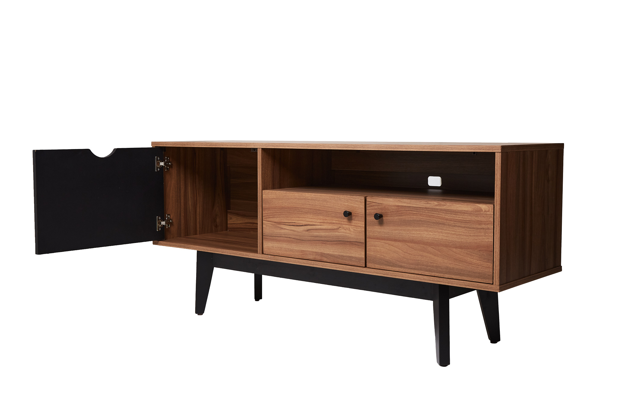 Mueble de TV Negro y Nogal con 3 Puertas para Almacenamiento. Patas de Madera de Pino y Recubierto en Melamina
