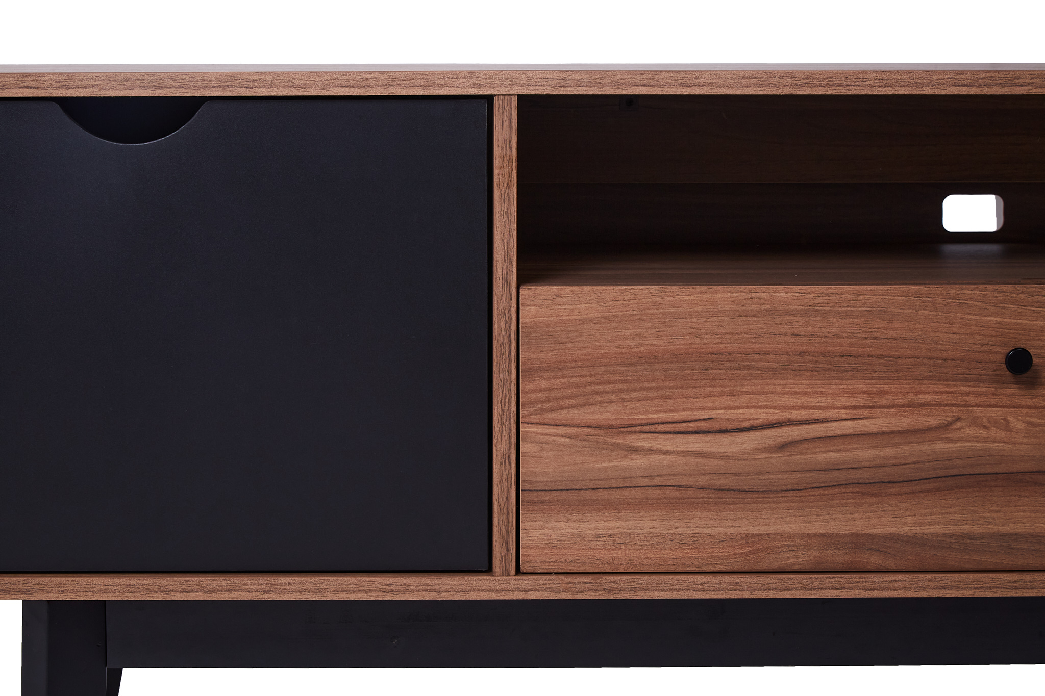 Mueble de TV Negro y Nogal con 3 Puertas para Almacenamiento. Patas de Madera de Pino y Recubierto en Melamina