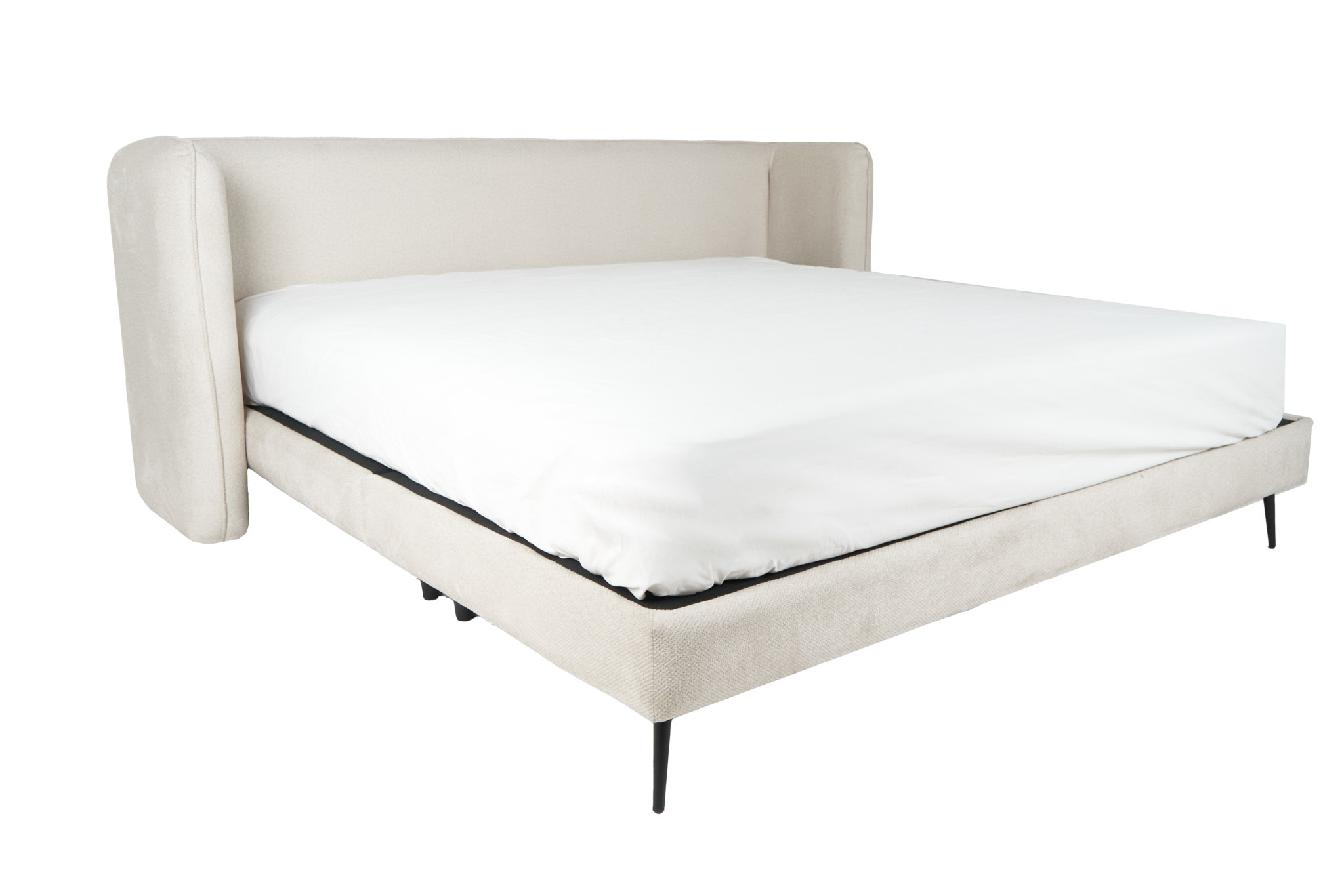 Cama Queen Size con Cabecera y Base Beige en Tela Premium. Rellena de Hule Espuma y Estructura de Madera Maciza