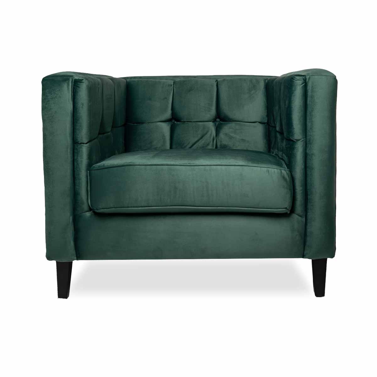 Sillón Individual Tapizado en Terciopelo Color Verde Forrest. Estructura de Madera Sólida